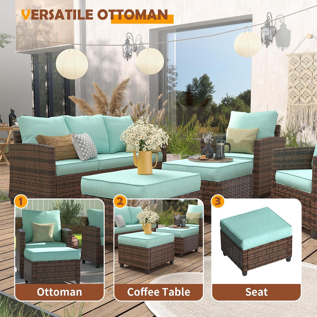 UDPATIO Patio Furniture Set, 5 Pieces Outdoor Sectional Sofa Set, All-Weather Wicker Rattan High Back Patio Conversation Set with Ottoman for Poolside, Backyard, 4' Thick Cushions, Light Blue