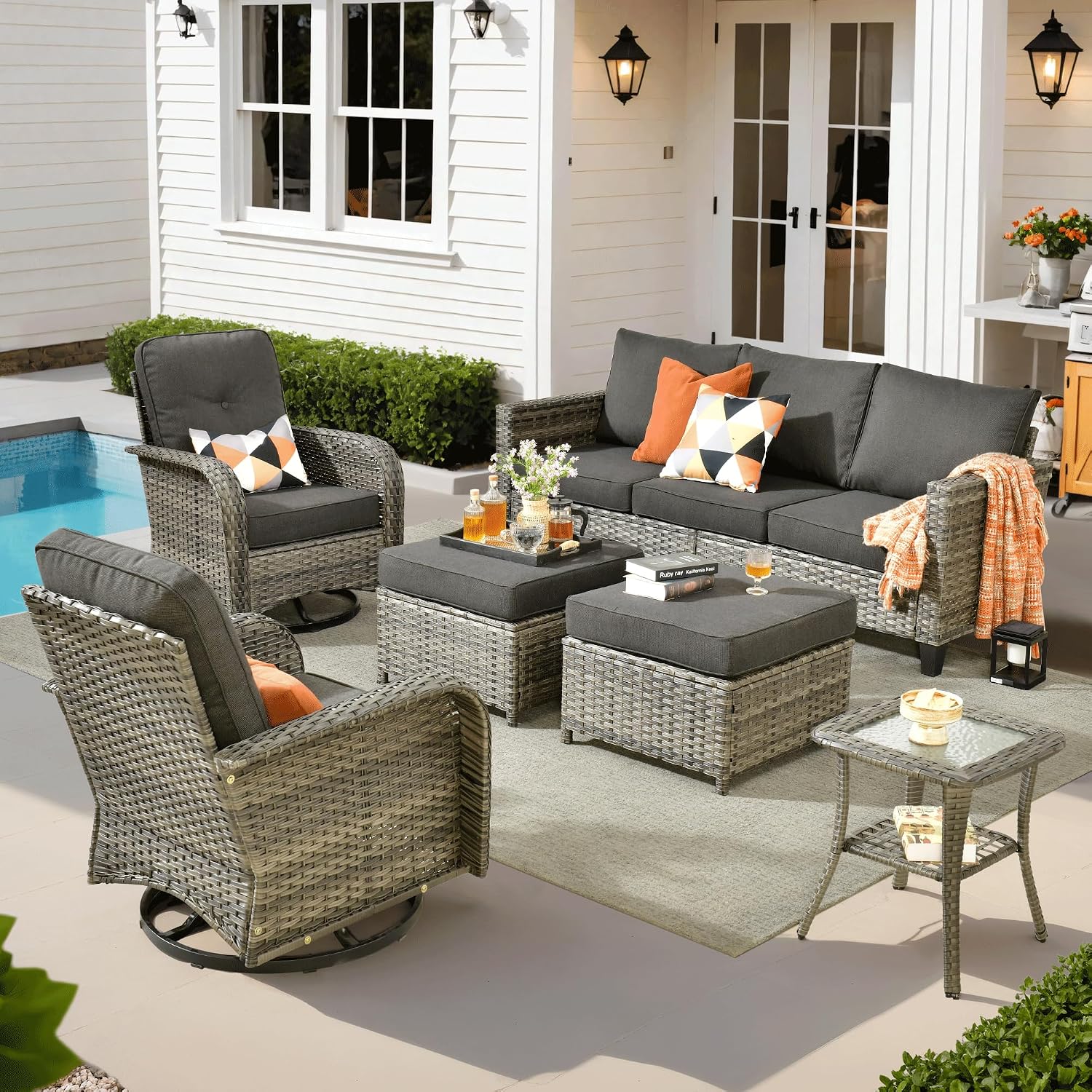 ovios 6 Pieces Patio Furniture Set, Outdoor Wicker Sofa Couch with Rocking Swivel Chairs Comfy Cushions, Modern Deep Seat Rattan Conversation Sets for Deck Porch, Black