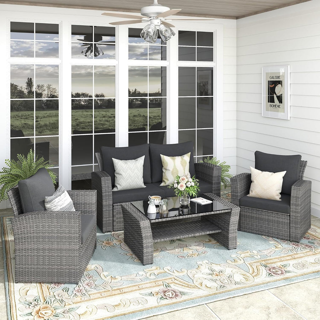 FansaFurn 4-Piece Outdoor Patio Furniture Set, All Weather Wicker Rattan Sectional Sofa Conversation Seating Set with Cushions & Large Glass Coffee Table, Ideal for Garden Backyard Porch, Dark Grey