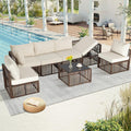 FHFO 7 Pieces Outdoor Patio Furniture Set, Wicker Outdoor Sectional Conversation Couch Set with Adjustable Backrest Sofa, Thick Cushion & Coffee Table for Garden, Porch, Poolside, Brown/Beige