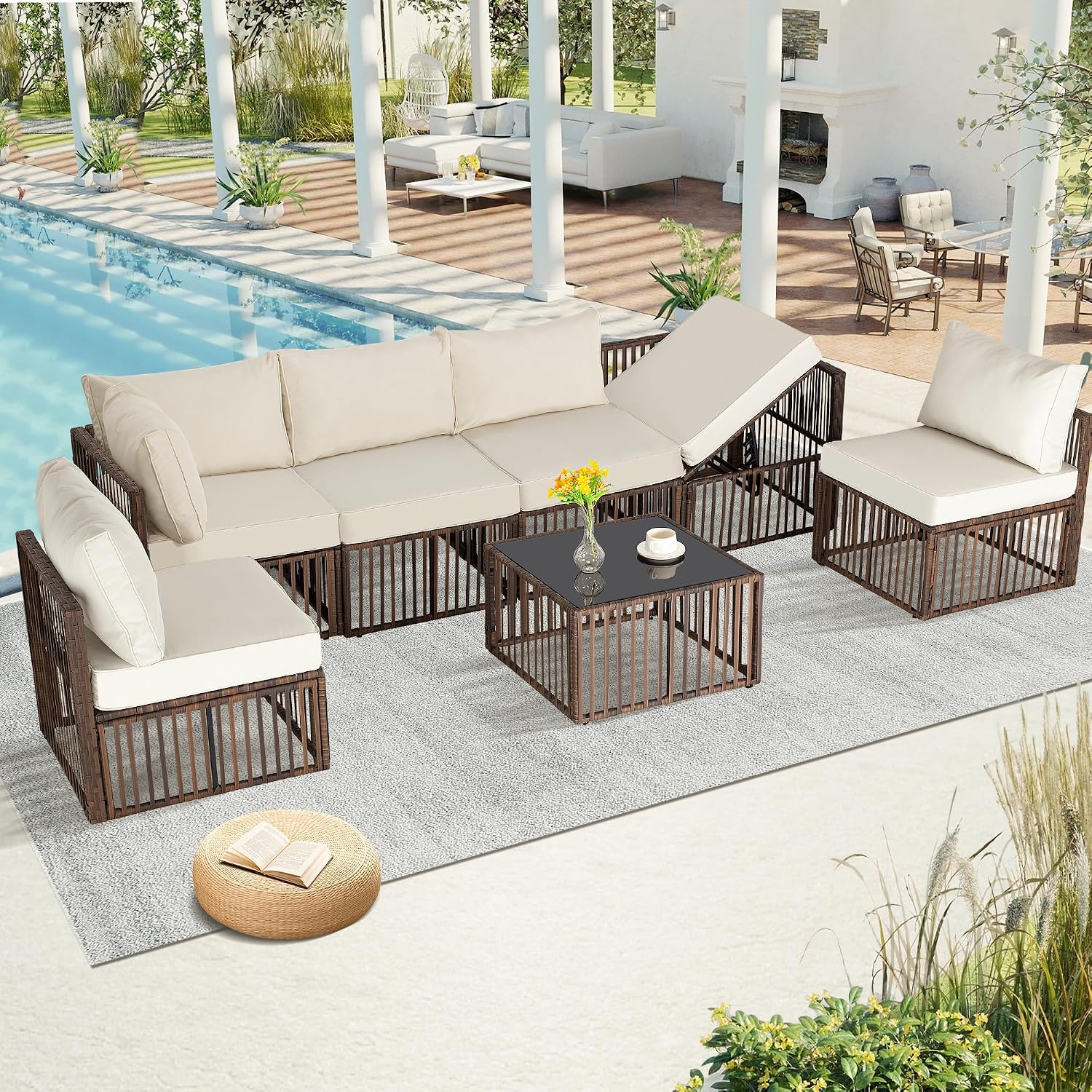 FHFO 7 Pieces Outdoor Patio Furniture Set, Wicker Outdoor Sectional Conversation Couch Set with Adjustable Backrest Sofa, Thick Cushion & Coffee Table for Garden, Porch, Poolside, Brown/Beige