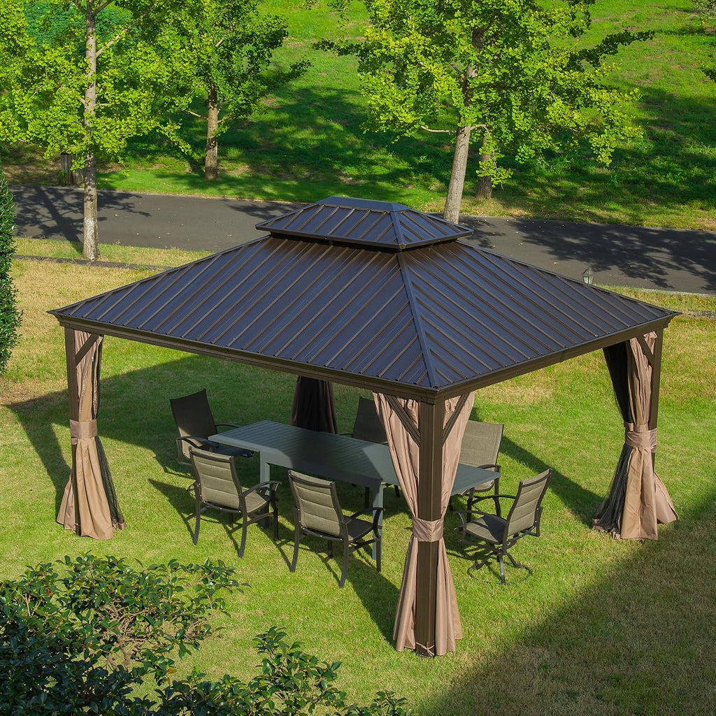 Domi Hardtop Gazebo 12x14FT, Outdoor Gazebo with Galvanized Steel Double Roof, Aluminum Frame, Built-in Gutter System, Curtain and Netting, Metal Gazebo Pavilion for Patio Deck Garden, Brown