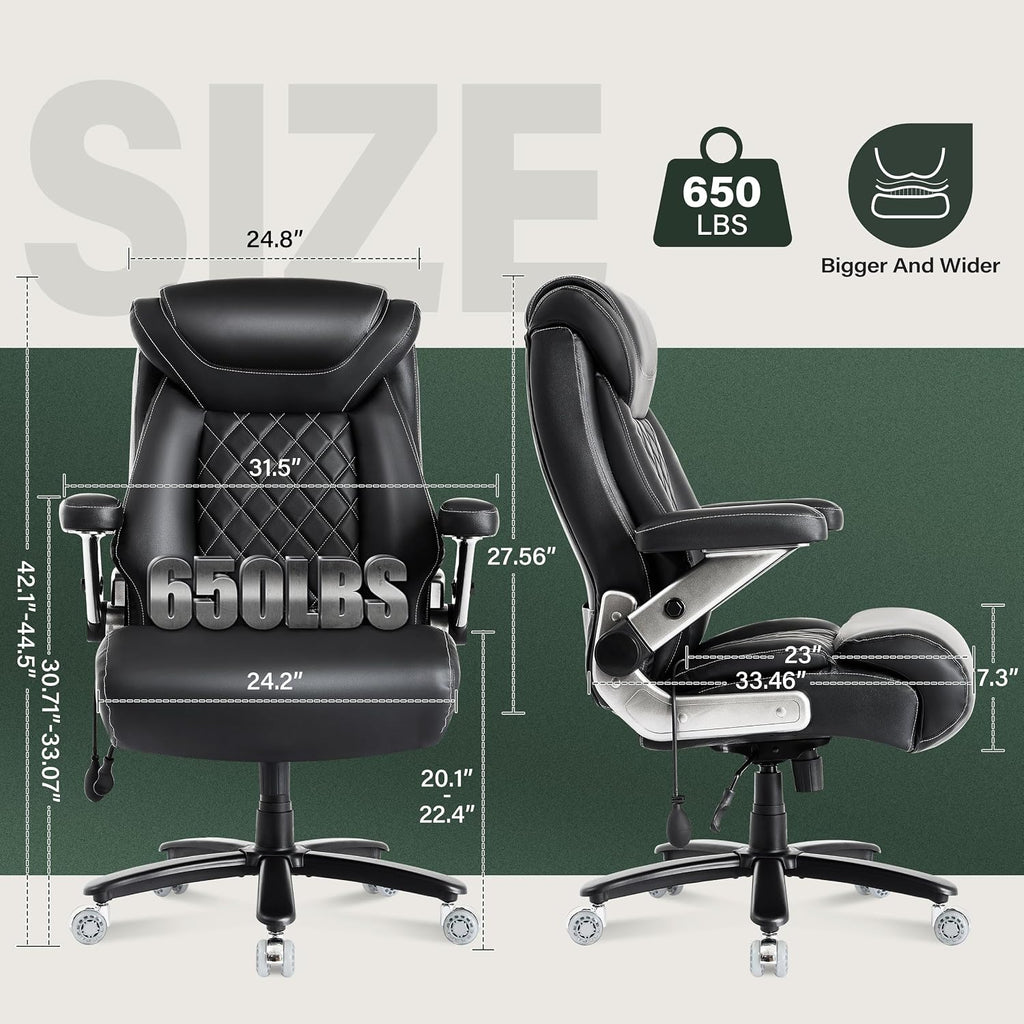Large Big and Tall Office Chair 650lbs with Thick Spring Cushion, 5D Flip Arm Ergonomic Executive Office Chair Adjustable Lumbar Airbag&Extra Wide, Comfy Padded Heavy Duty Game Chair Dual Rubber Wheel