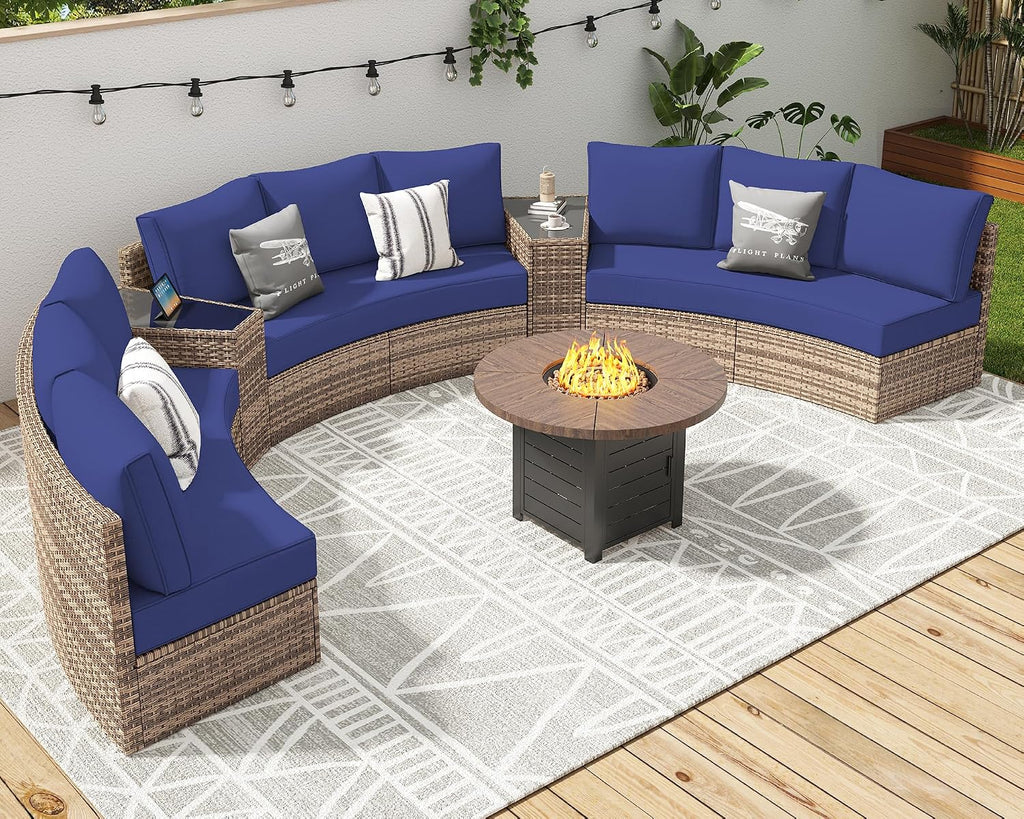 LUXOAK 6-Piece Wicker Patio Furniture Set, Waterproof Half-Moon Sectional Sofa with Cushions, Rattan Outdoor Conversation Set for Garden, Pool, Beach & Balcony, Blue