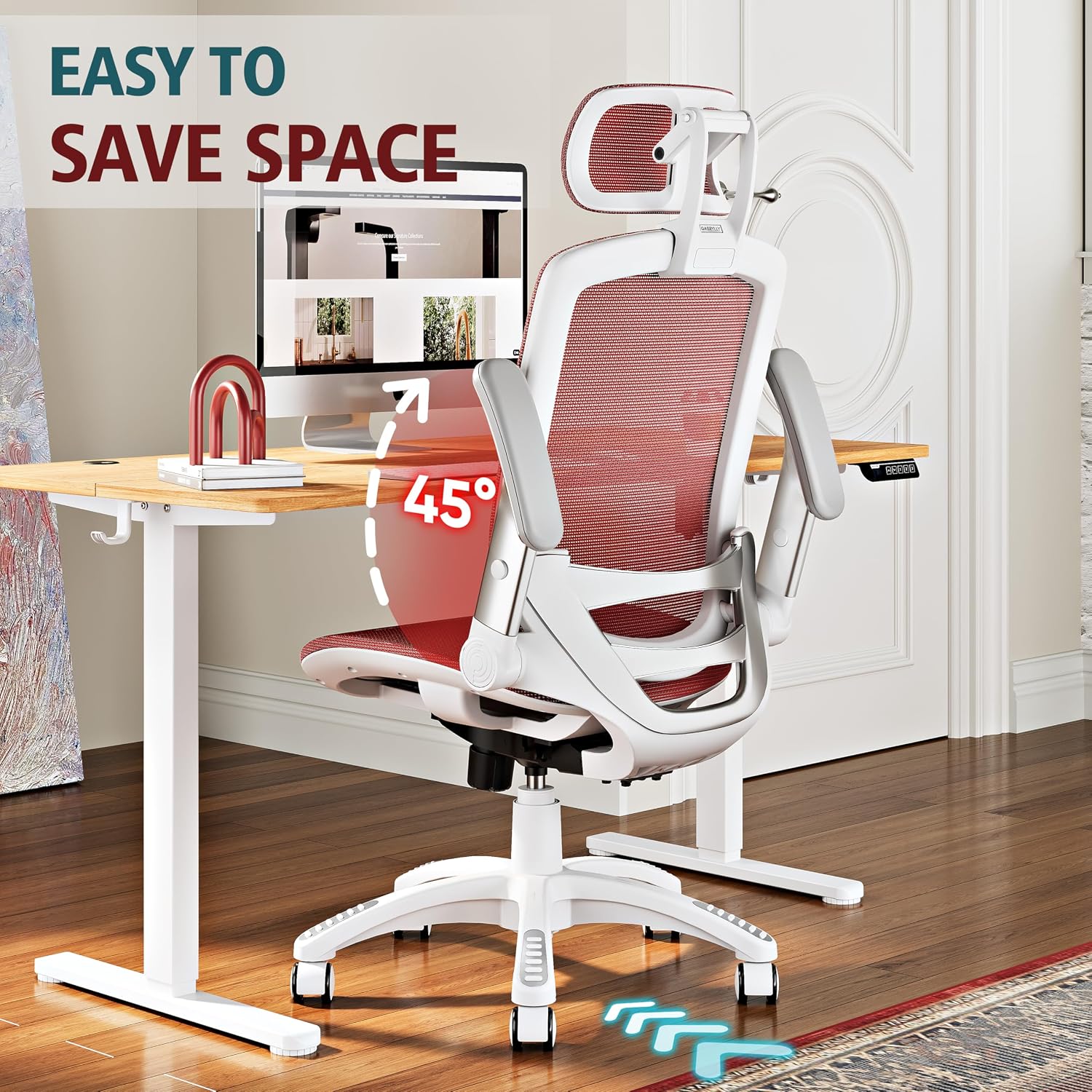 GABRYLLY Ergonomic Office Chair, High Back Home Desk Chair with Headrest, Flip-Up Arms, 90-120° Tilt Lock and Wide Cushion, 300LBS Mesh Chairs for Man Woman, White Task Chair(Red,GY01WR)