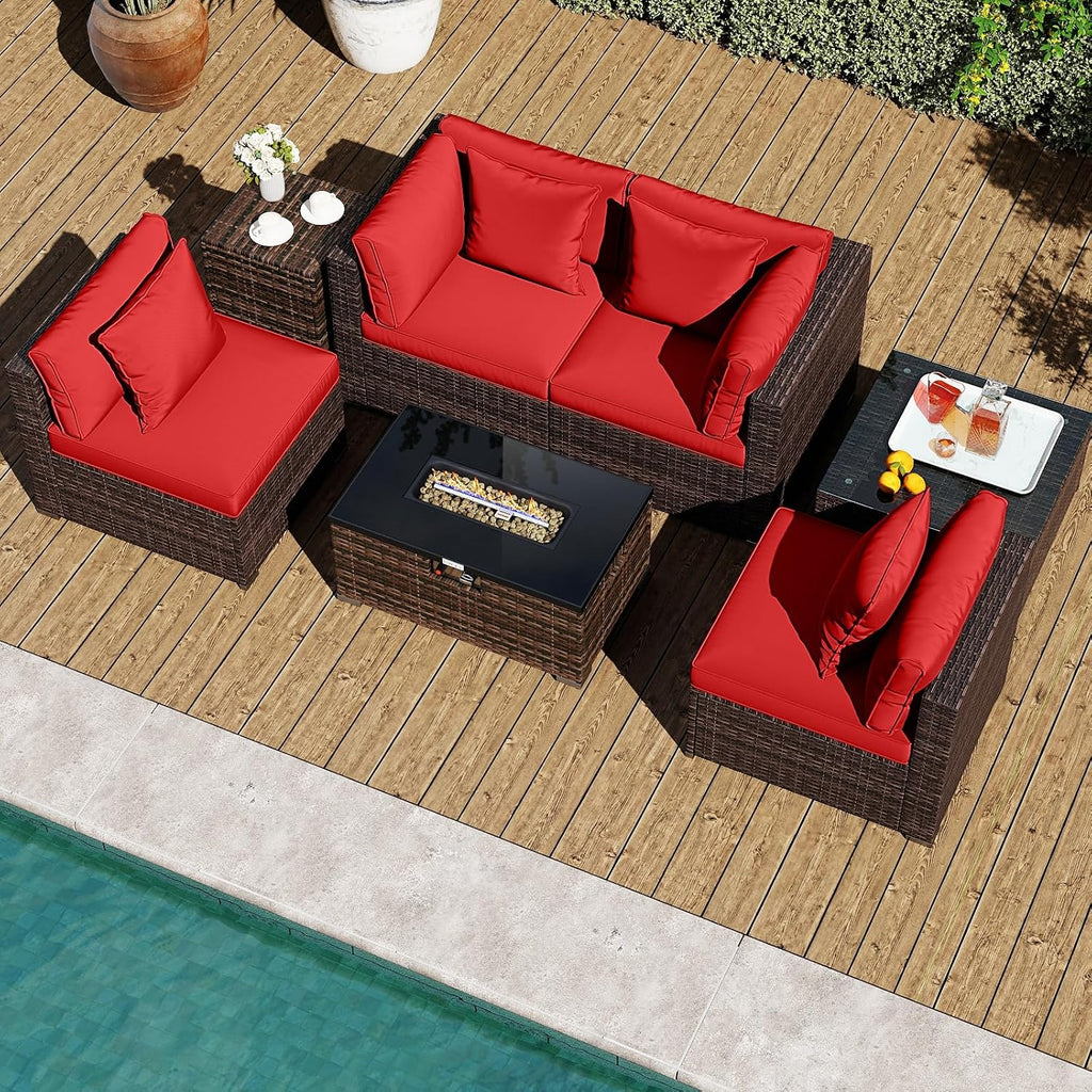 Tangkula 7 Pieces Wicker Patio Furniture Set with 40,000 BTU Gas Fire Pit Table & Propane Tank Cover Table & Glass Top Coffee Table, for Garden, Backyard and Poolside (Red)