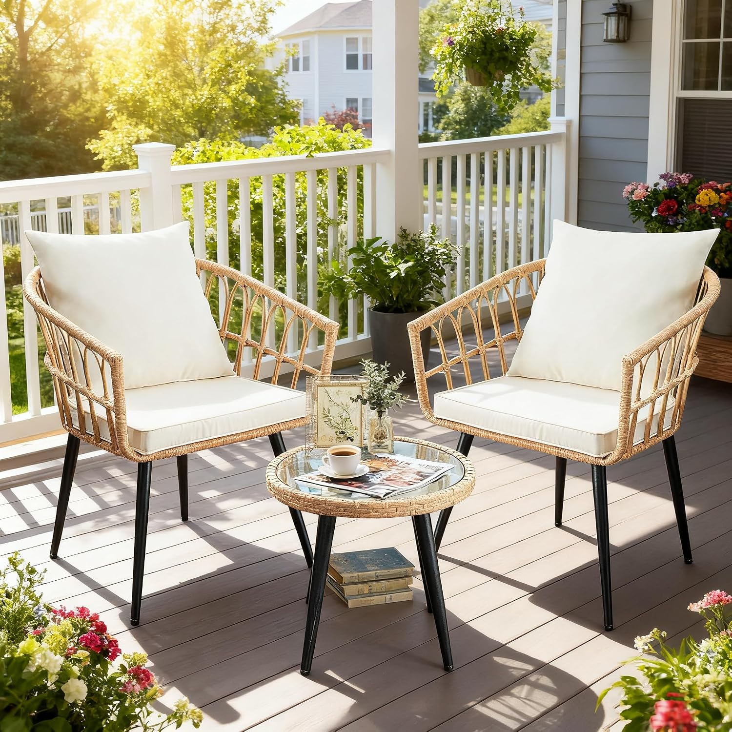 PORWEY 3 Piece Patio Bistro Set, Outdoor Wicker Furniture with Comfortable Cushions, Glass Top Table & 2 Rattan Chairs for Balcony, Apartment, Backyard, Porch, Deck, Beige
