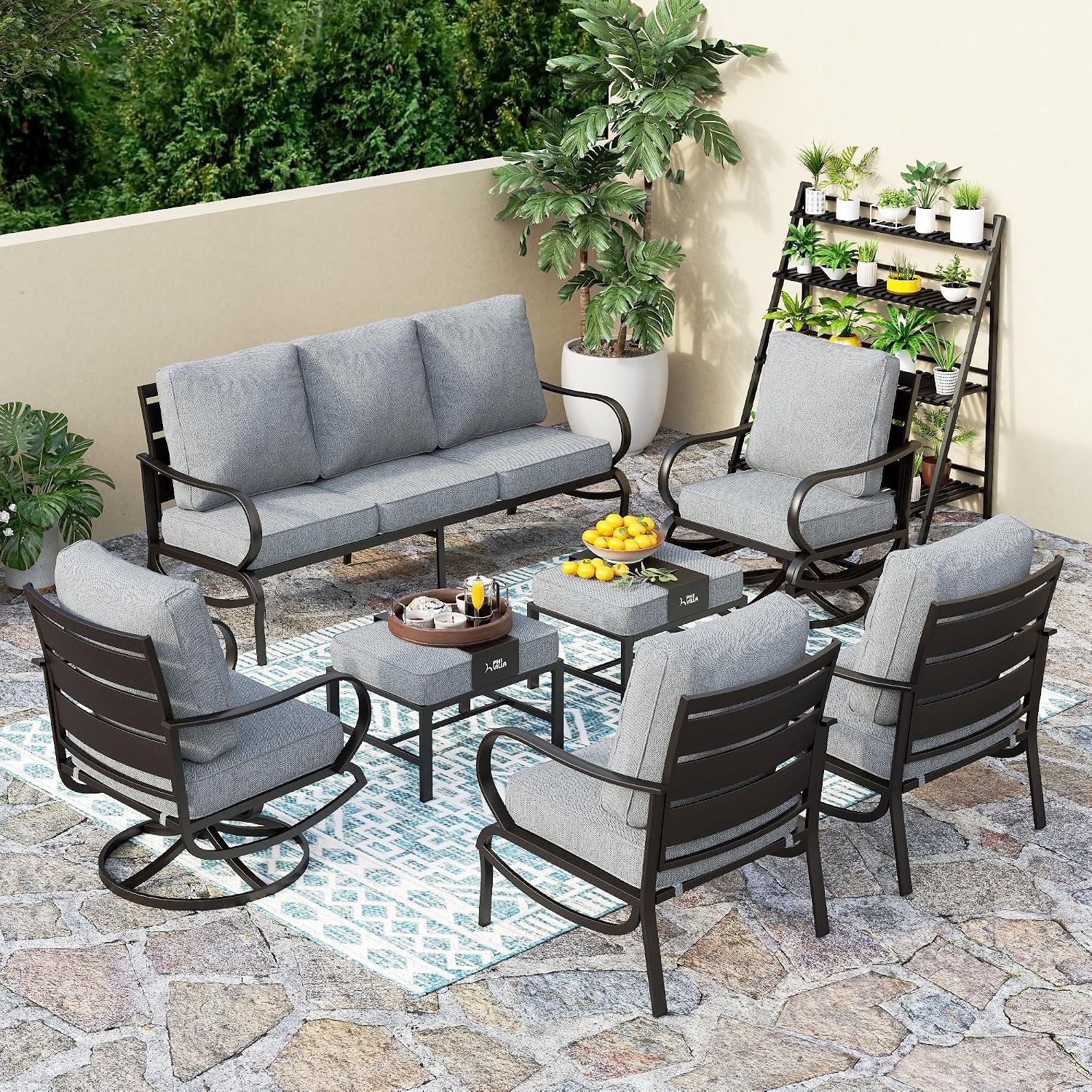 PHI VILLA 7 PCS Patio Furniture Set,Metal Outdoor Furniture with 1x 3 Seater Cushioned Deep Seating Bench Sofa, 2 Swivel Chair, 2 x Leg Chairs & 2 Ottoman for 7 Person, Grey