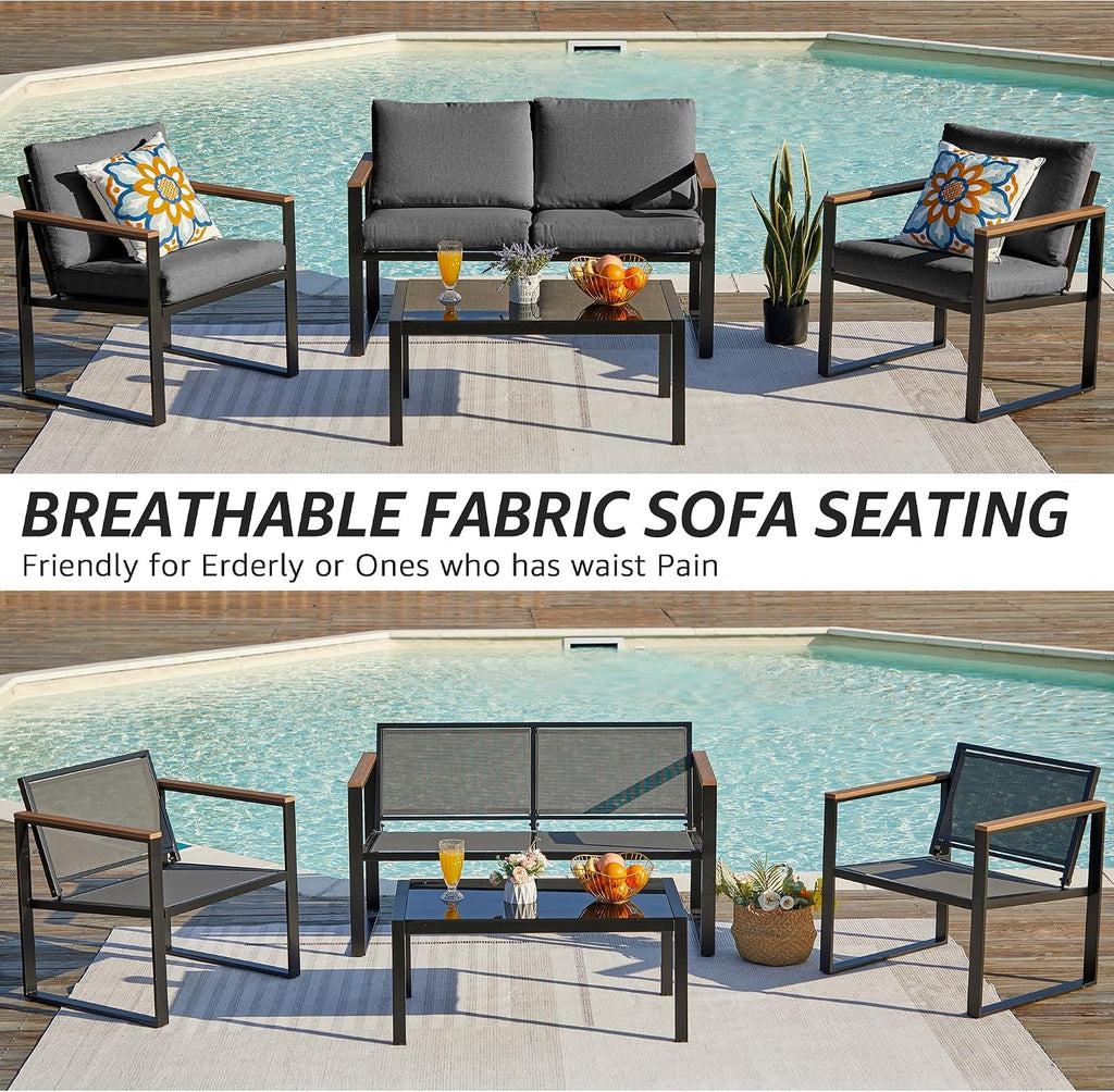 NATURAL EXPRESSIONS 4 Pieces Patio Furniture Sets,Metal Outdoor Patio Furniture Sets,Outdoor Sectional Patio Conversation Set,Wooden Anti-Scald Armrest,Sling Mesh,4' Olefin Cushions Dark Grey