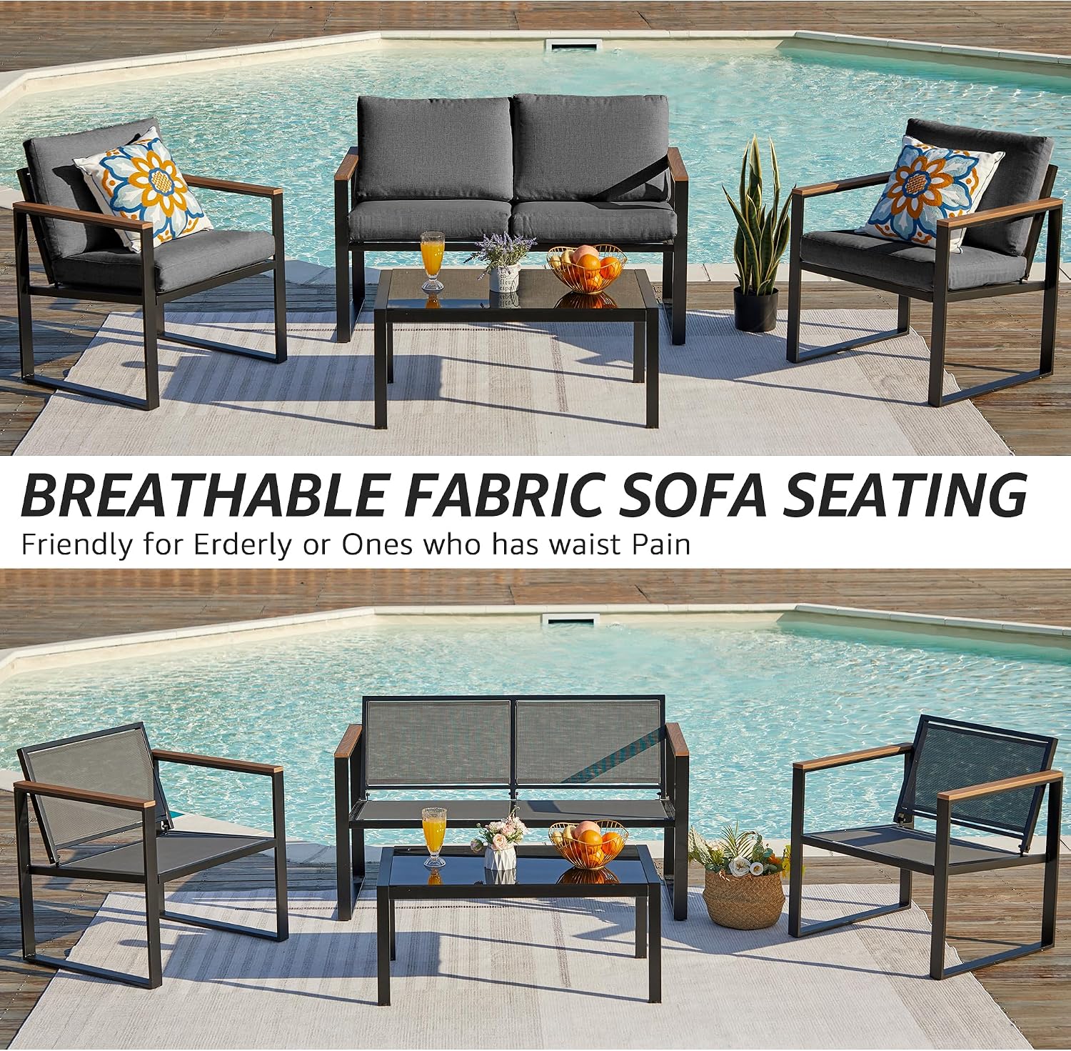 NATURAL EXPRESSIONS 4 Pieces Patio Furniture Sets,Metal Outdoor Patio Furniture Sets,Outdoor Sectional Patio Conversation Set,Wooden Anti-Scald Armrest,Sling Mesh,4' Olefin Cushions Dark Grey