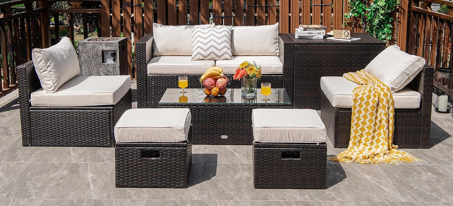 Tangkula 8 Piece Patio Furniture Set, Patiojoy Outdoor Space Saving PE Rattan Sectional Sofa Set for 6 with Waterproof Cover, for Garden, Deck, Poolside and Balcony (Off White)