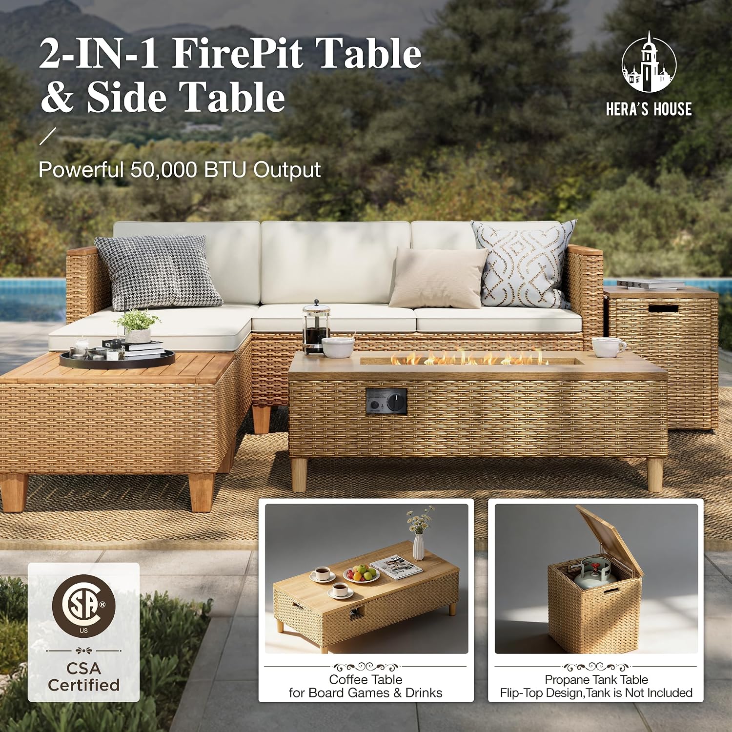 HERA'S HOUSE Patio Furniture Set with Fire Pit Table, 8 Pieces 6 Seats Wicker Outdoor Sectional Sets,Yellow Rattan Conversation Set with Sofa and Table for Backyard, l Shape Balcony Couch