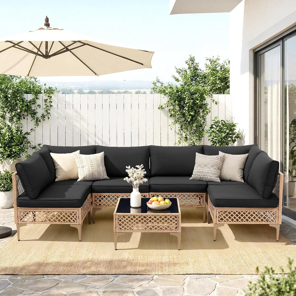 FHFO 7 Piece Patio Furniture Set, Outdoor Wicker Modular Sectional Patio Conversation Set with Thicker Cushion & Tempered Glass Coffee Table for Backyard, Poolside, Porch (Yellow/Black)