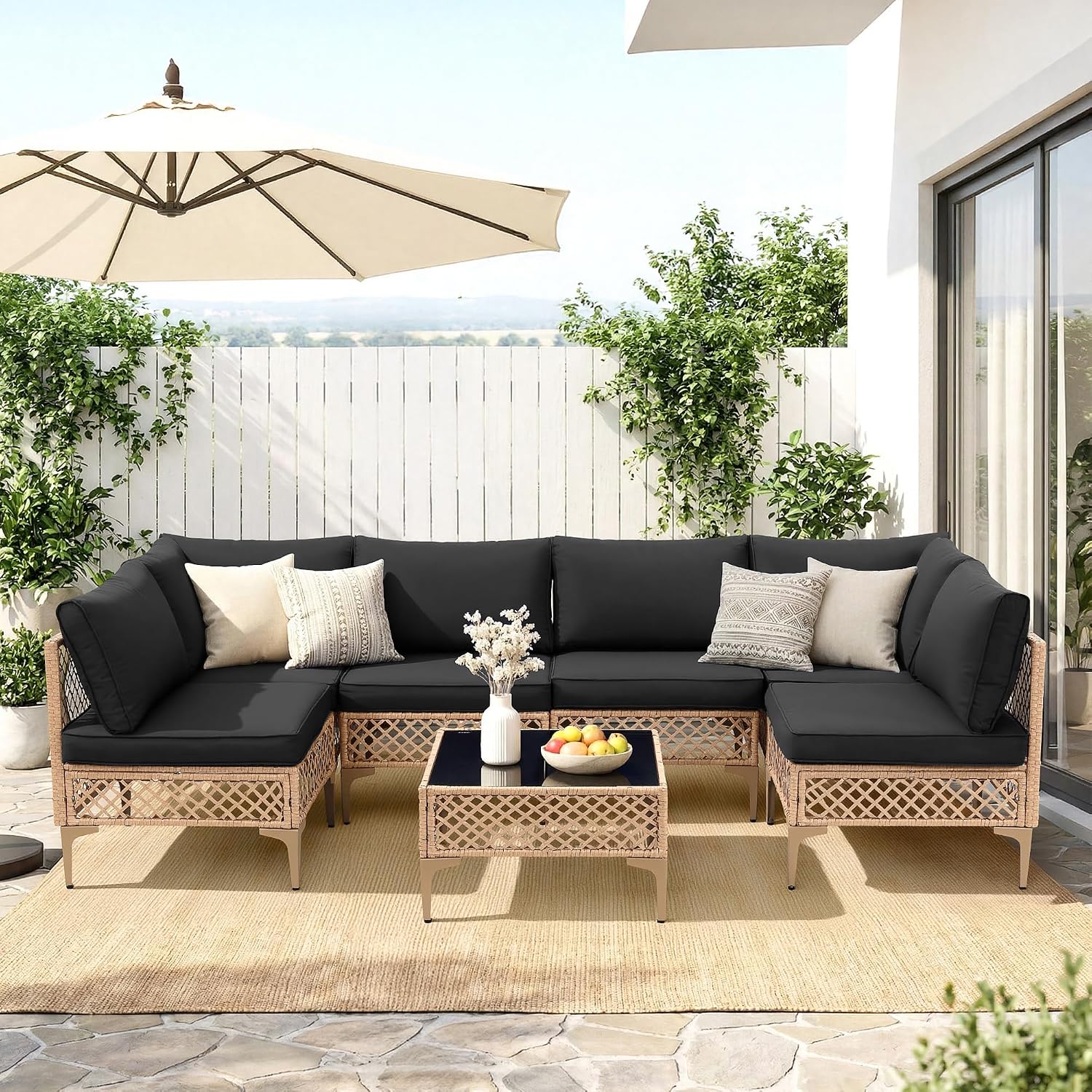 FHFO 7 Piece Patio Furniture Set, Outdoor Wicker Modular Sectional Patio Conversation Set with Thicker Cushion & Tempered Glass Coffee Table for Backyard, Poolside, Porch (Yellow/Black)