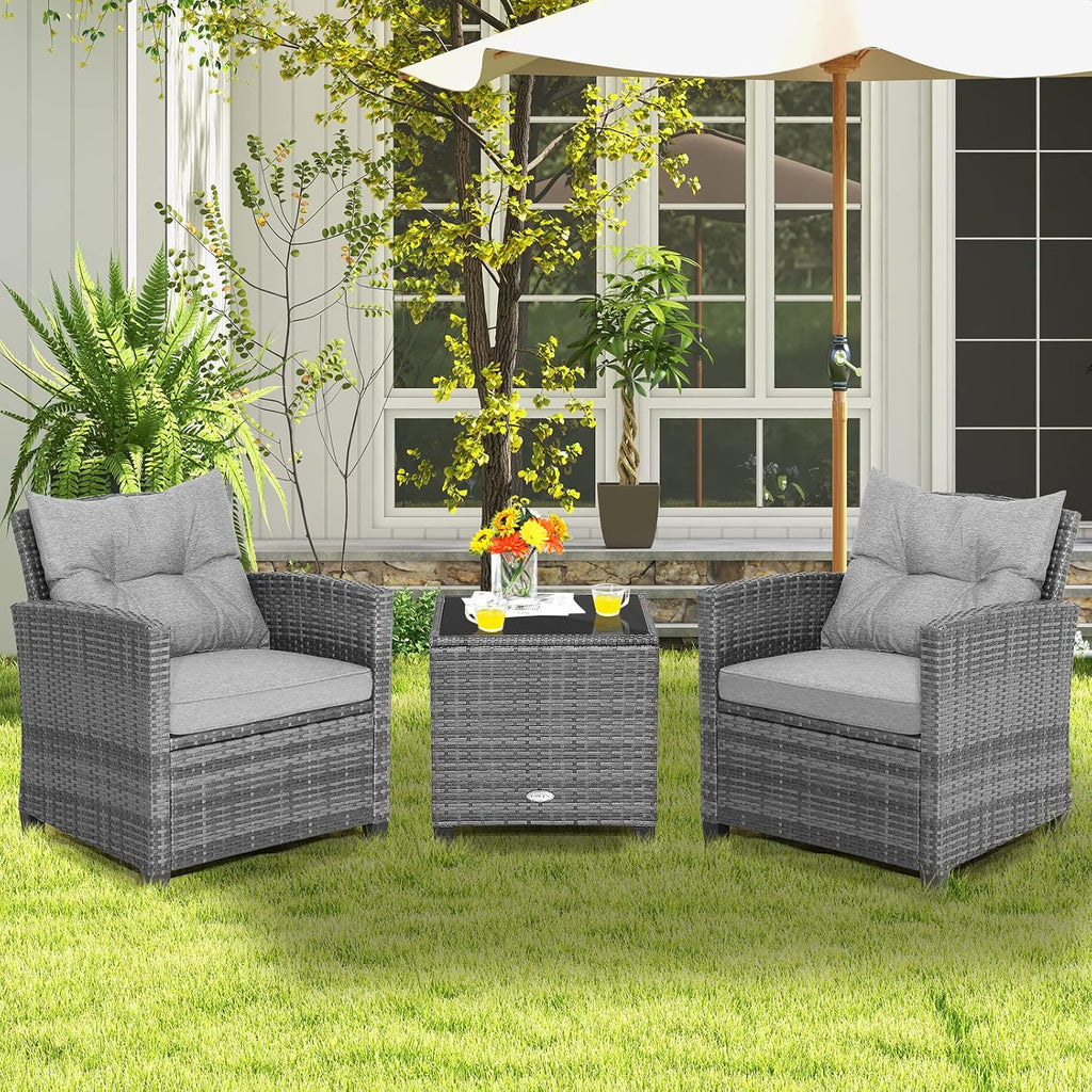 COSTWAY 3-Piece Patio Furniture Set, Outdoor Wicker Rattan Sofa with Cushions, Coffee Table with Tempered Glass, Conversation Sofa Set for Poolside Backyard Balcony (Grey)