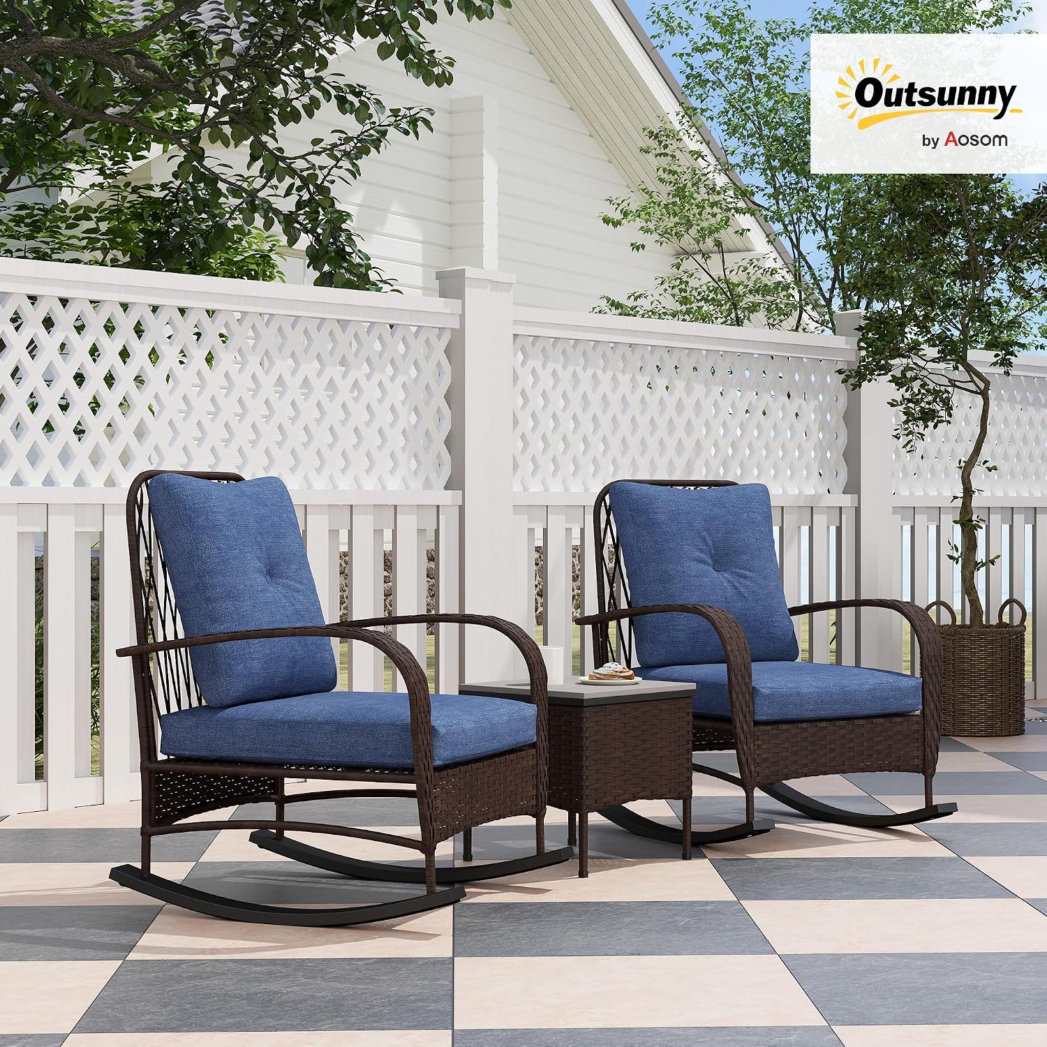 Outsunny 3 Piece Wicker Patio Furniture Set, PE Rattan Rocking Chairs with Coffee Table, Cushions, Outdoor Bistro Set for Porch, Garden, Poolside, Brown