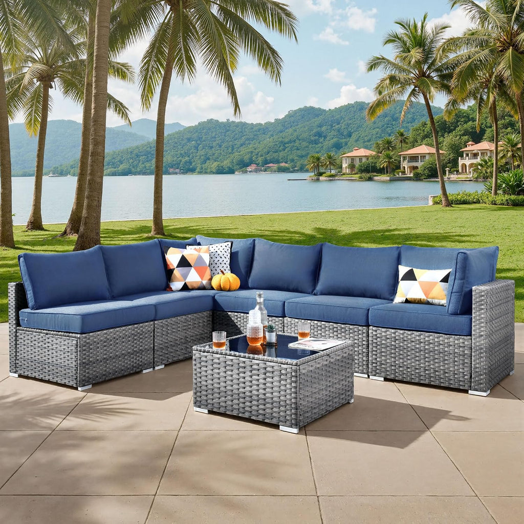 ovios Outdoor 7 Piece Coversation Set with Coffee Table,Sectional Patio Furniture Set with All-Weather Wicker Sofa,Modern Outside Couch for Balcony Backyard Pool, Dark Grey
