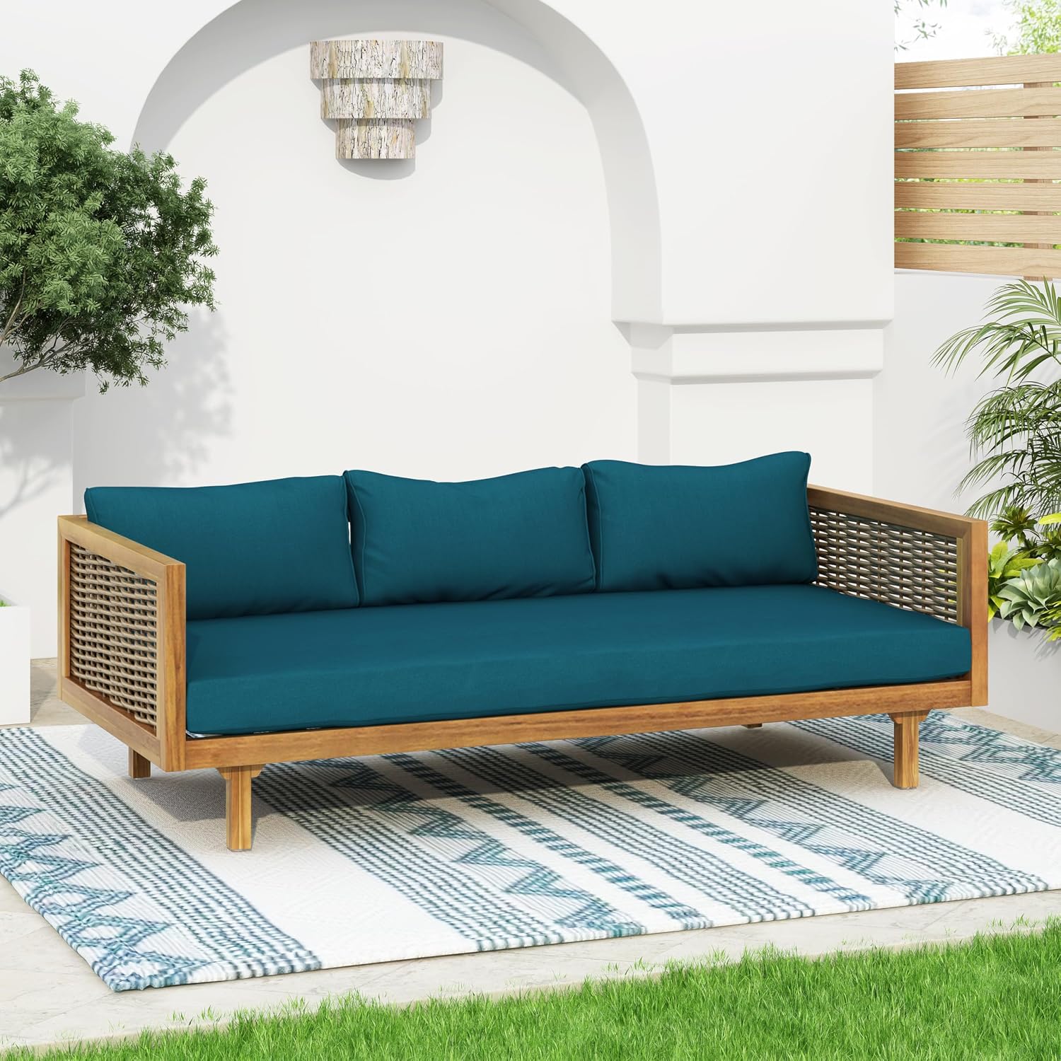 Christopher Knight Home Claremont Patio Sofa and Coffee Table Set, 2 Piece Wicker Patio Furniture Set, Acacia Wood 3 Seater Outdoor Sofa Daybed and Coffee Table Set, Teak+Dark Teal