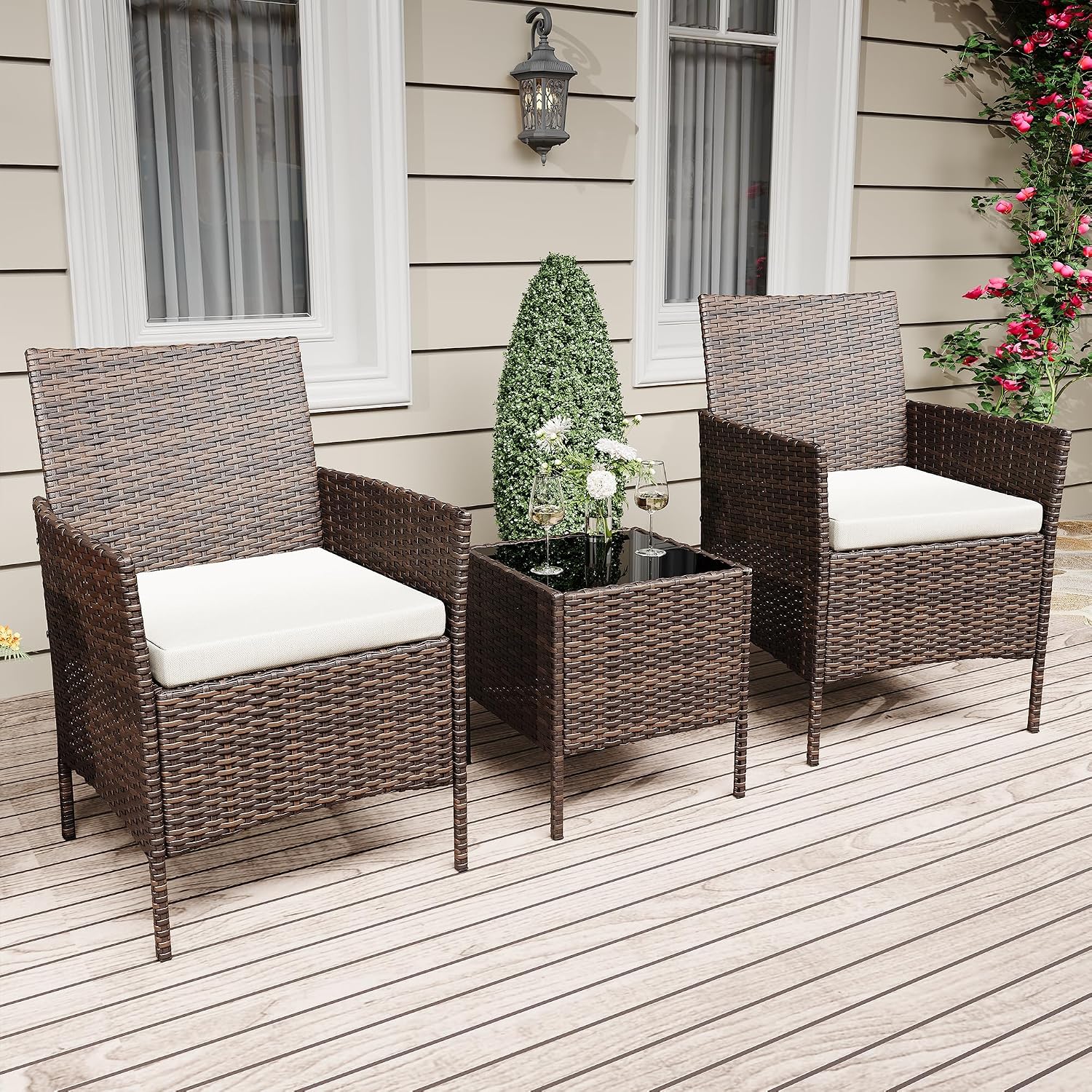3 Piece Patio Furniture Set, Outdoor Patio Wicker Sofa Set with Upholstery and Glass Table, All Weather Conversation Rattan Sofa for Lawn, Pool, Backyard, Garden, Porch, Brown