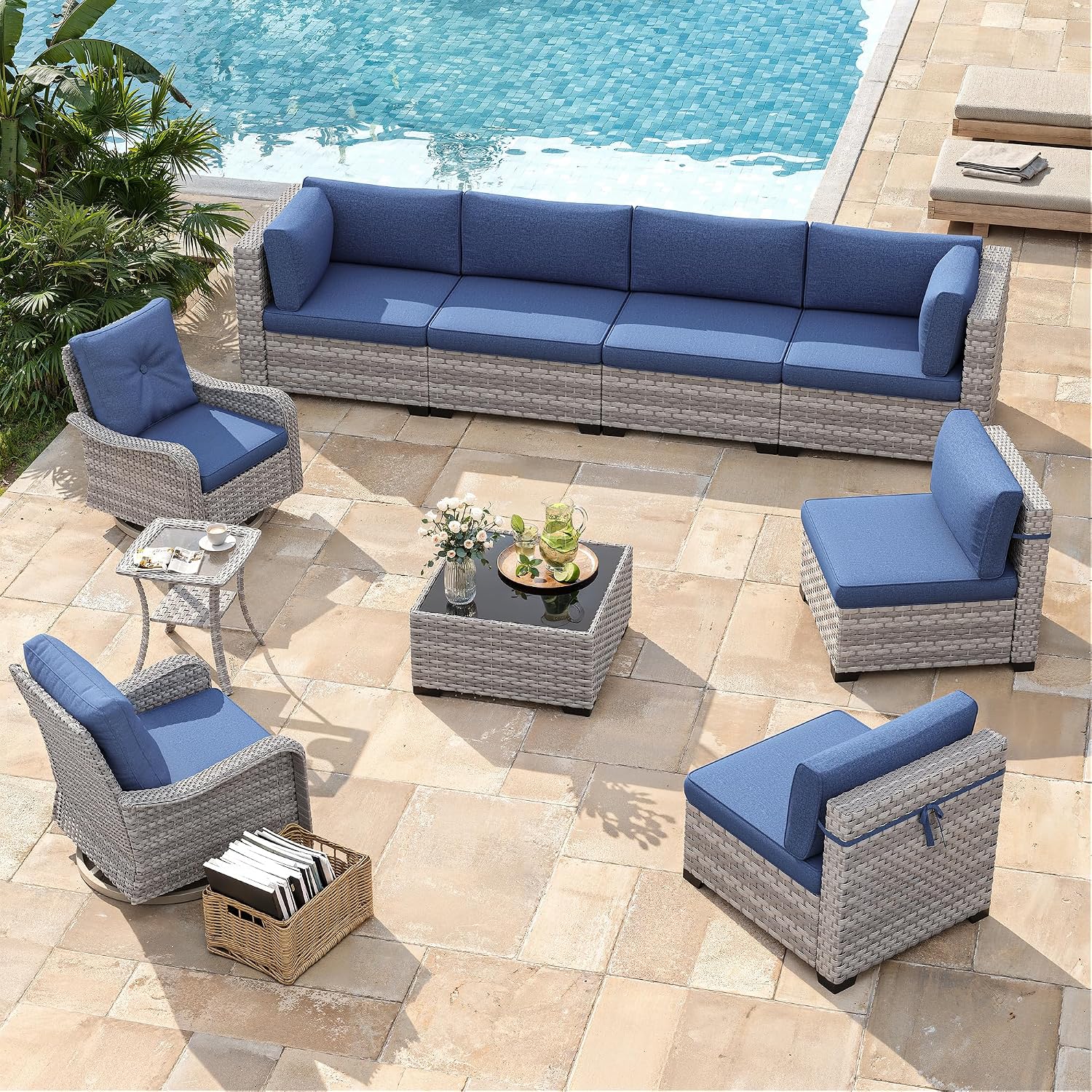 8-Seat Modern Patio Furniture Set with Swivel Rocking Chairs, Thick 4″ Cushions, Dual-Strand Wicker Rattan, Rust-Resistant Steel Frame – Outdoor Conversation & Modular Sectional,Navy