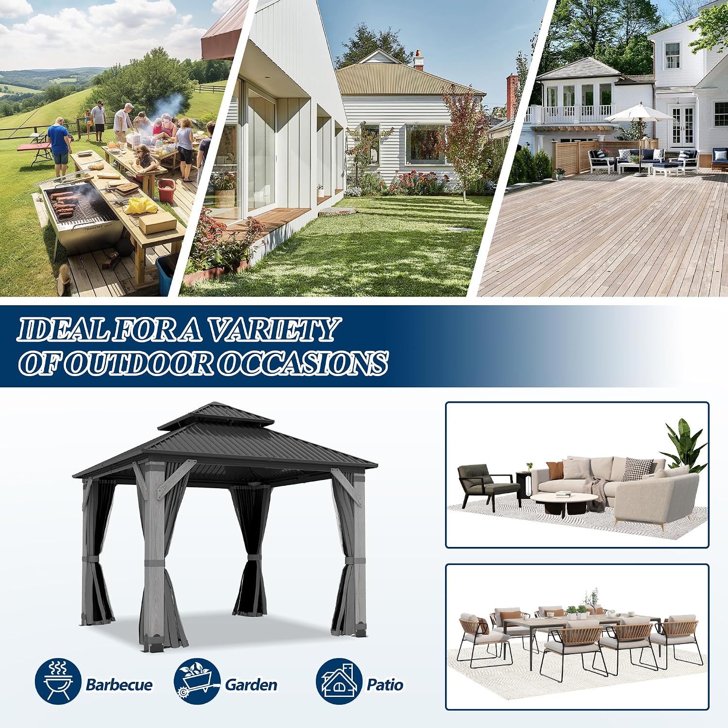 COVERONICS 8.5'x8.5' Outdoor Wood Gazebo - Hardtop Wooden Gazebo with Galvanized Steel Roof, Heavy-Duty Pavilion with Netting & Curtains for Garden, Poolside, Deck, Backyard