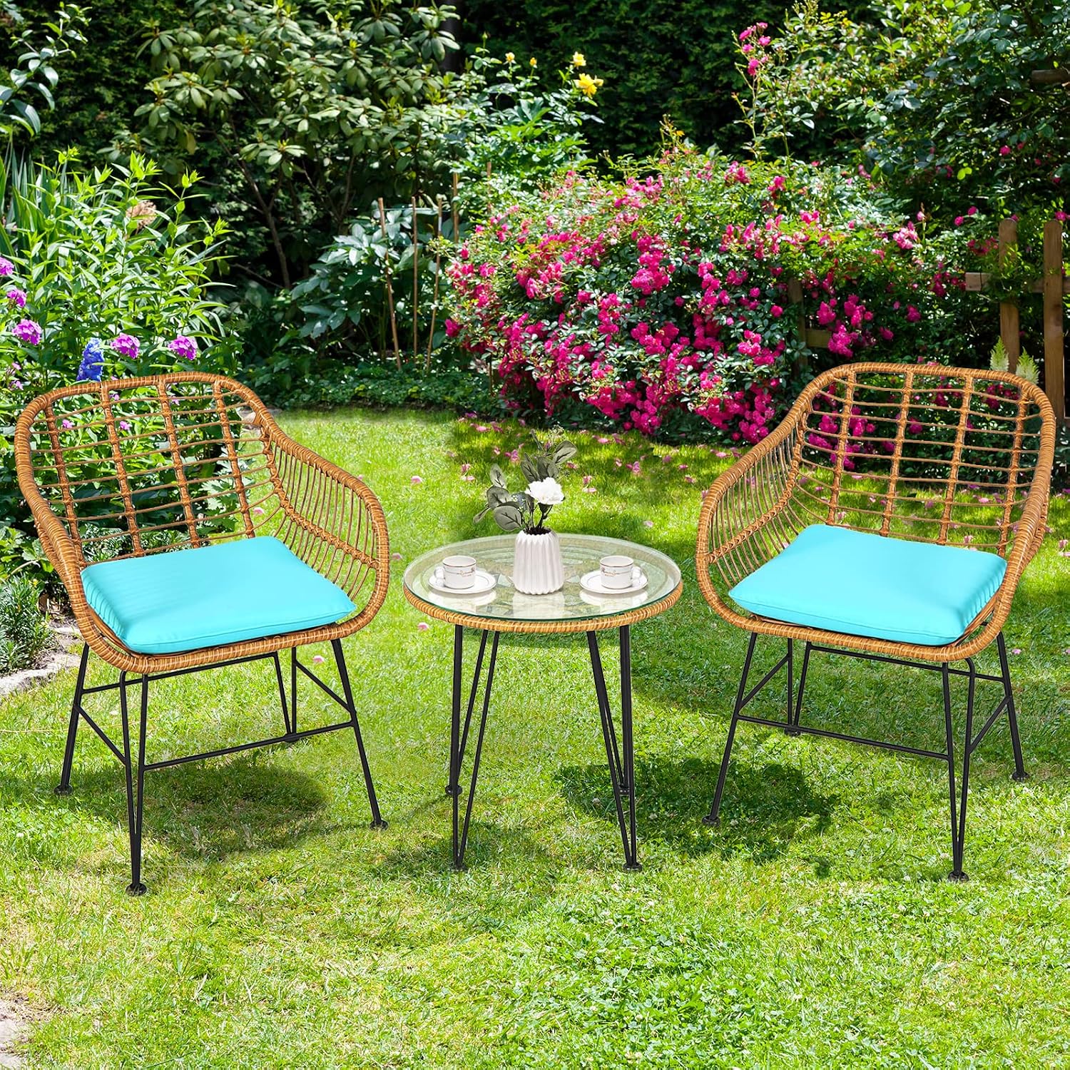 Tangkula 3 Pieces Patio Bistro Set, Rattan Conversation Set with 2 Cushioned Armchairs & Round Glass Coffee Table, Indoor Outdoor Wicker Furniture Set for Balcony, Backyard, Garden, Poolside