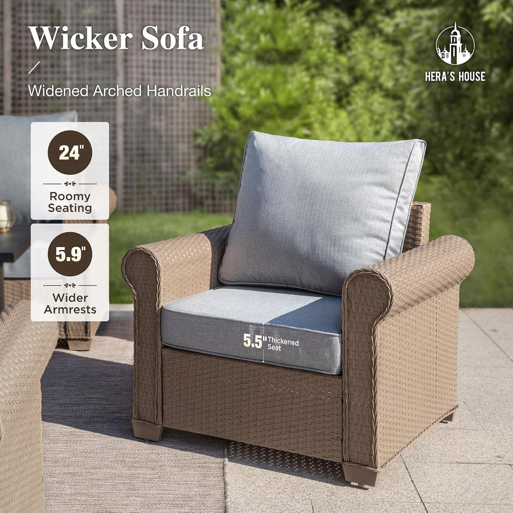 HERA'S HOUSE Patio Furniture Set, 2 Pieces Outdoor Wicker Chairs with Widened 5.9' Armrests and 5.5' Thick Waterproof Cushions, All Weather Conversation Set for Lawn Backyard Garden, Grey