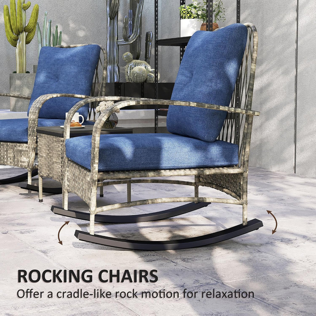 Outsunny 3 Piece Wicker Patio Furniture Set, PE Rattan Rocking Chairs with Coffee Table, Cushions, Outdoor Bistro Set for Porch, Garden, Poolside, Gray
