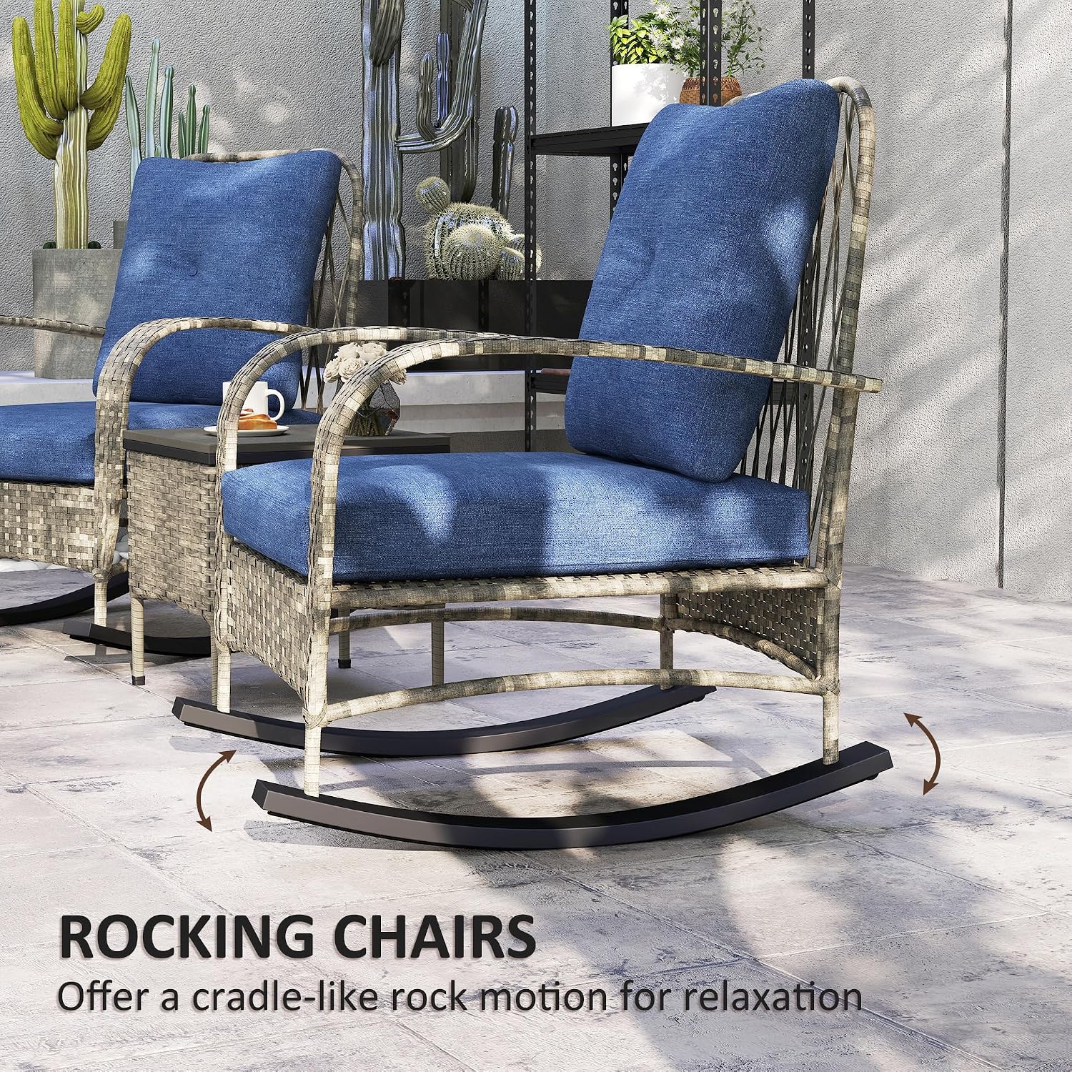 Outsunny 3 Piece Wicker Patio Furniture Set, PE Rattan Rocking Chairs with Coffee Table, Cushions, Outdoor Bistro Set for Porch, Garden, Poolside, Gray