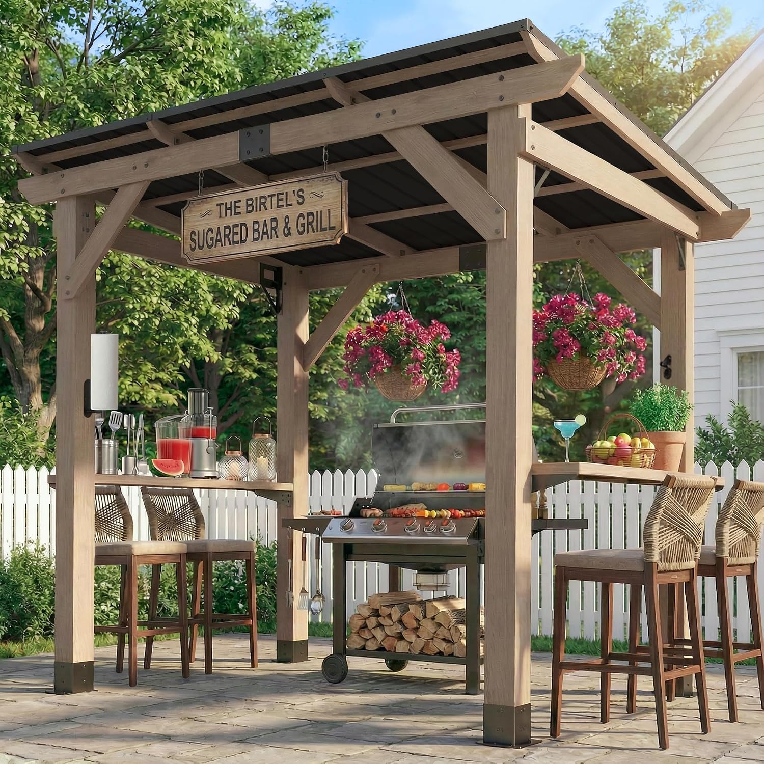 CHARMELEON Grill Gazebo 6 x 8 FT,Cedar Wood BBQ Gazebo with Thick Wooden Side Serving Shelves&Paper Holder& Bottle Opener,Patio Pavilion with Galvanized Steel Roof for Outdoor,Backyard,Garden,Deck