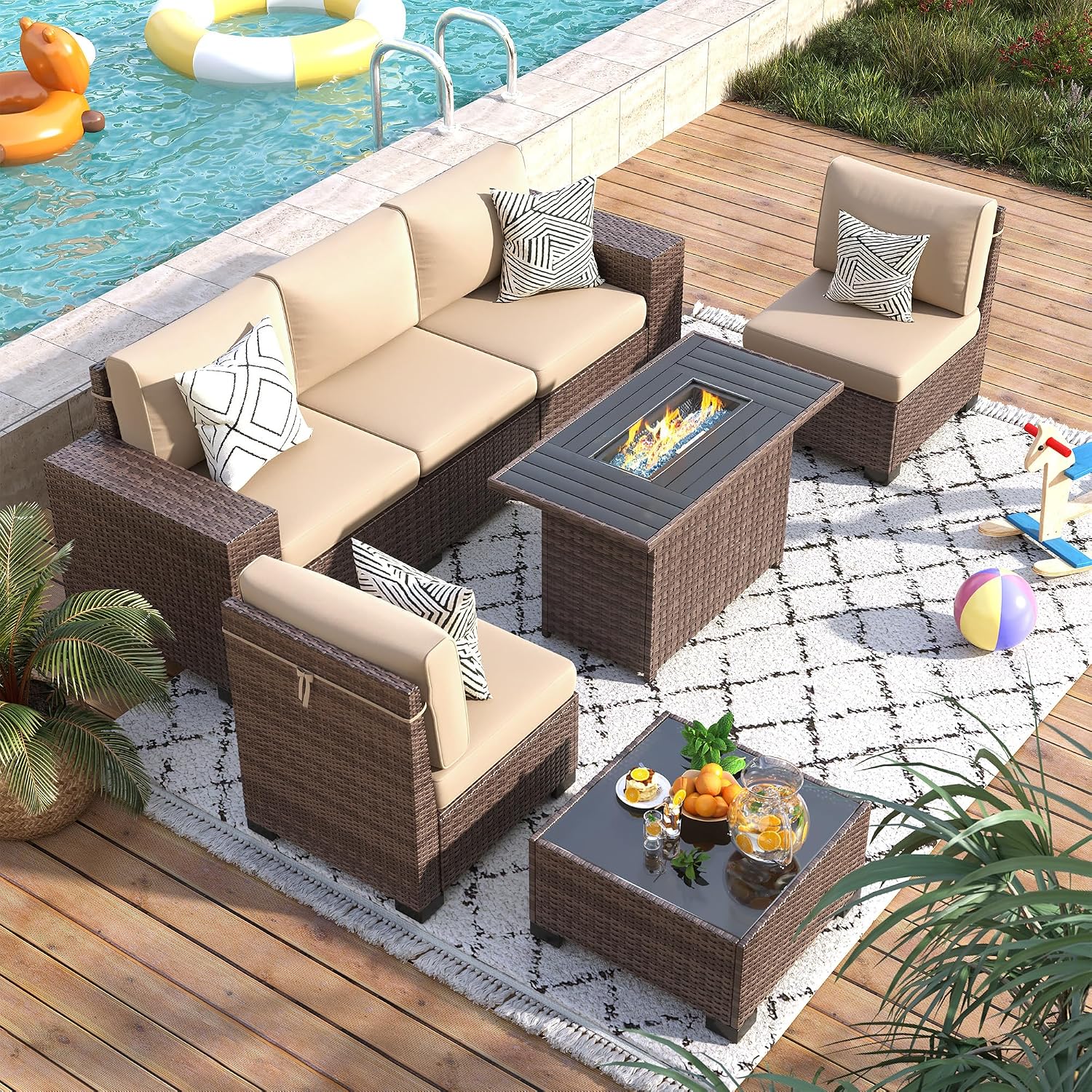 7 Piece Patio Furniture Set with Fire Pit Table, Outdoor Conversation Sets Wicker Rattan Sectional Sofa with Coffee Table for Patio Garden Backyard, 4'' Thickened Cushion Beige