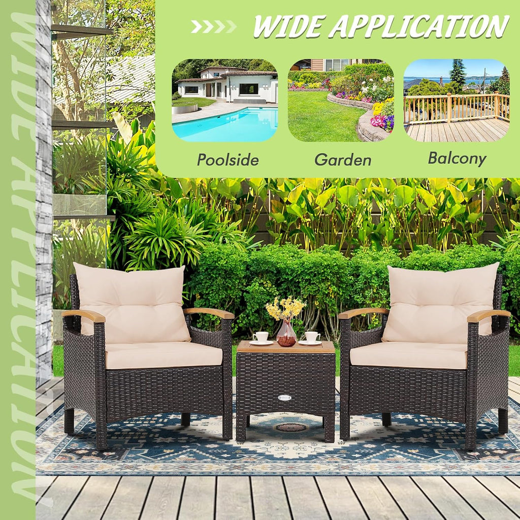 Tangkula 3-Piece Patio Furniture Set, Patiojoy Outdoor Rattan Sofa Set with Coffee Table, Patio Conversation Set with Removable Cushion, Cozy Acacia Wood Armrests for Backyard, Poolside (Beige)