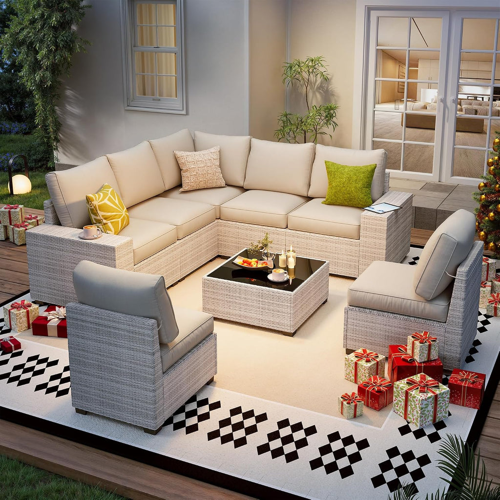 olimix 8 Piece Outdoor Patio Furniture Set, Outdoor Sectional Furniture, Rattan & Wicker Modern Modular Conversation Set Sofa Couch W/Water Resistant Washable Thick Cushions and Coffee Table, Beige