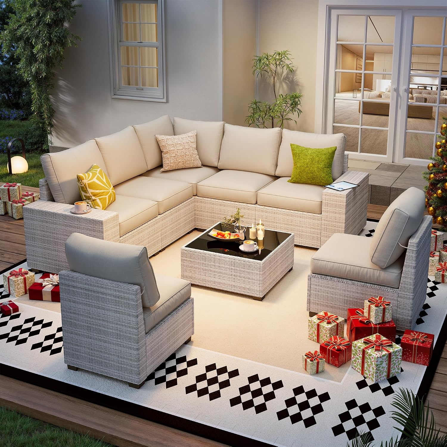 olimix 8 Piece Outdoor Patio Furniture Set, Outdoor Sectional Furniture, Rattan & Wicker Modern Modular Conversation Set Sofa Couch W/Water Resistant Washable Thick Cushions and Coffee Table, Beige