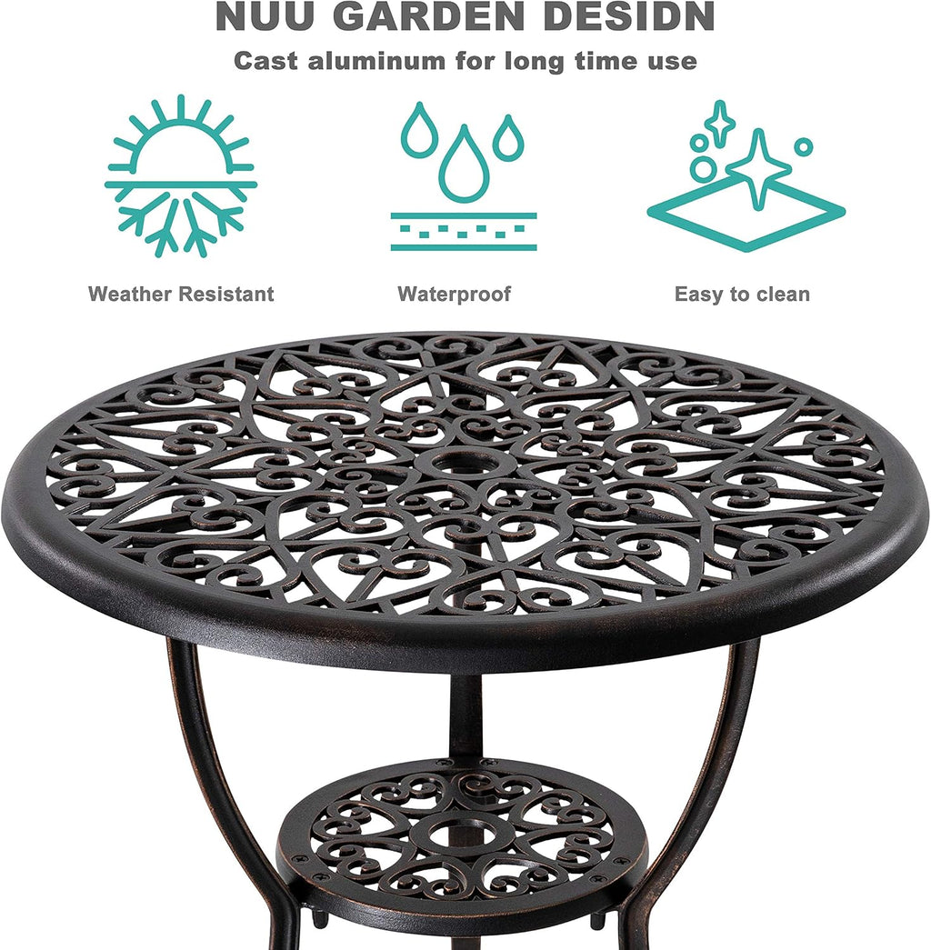 NUU GARDEN 3 Piece Outdoor Bistro Set Cast Aluminum Patio Set Bistro Table Set Rustproof Patio Table and Chairs with Umbrella Hole for Backyard, Balcony, Front Porch, Black
