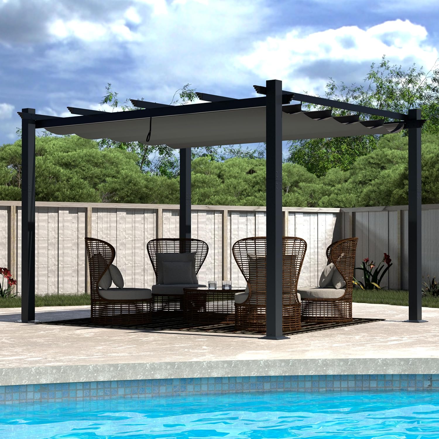 VEIKOU 13x10ft Pergola, Aluminum Pergola w/Thicker Post & Upgraded Retractable Canopy, Metal Gazebos Heavy-Duty Outdoor Shelter for Porch Yard, Gray