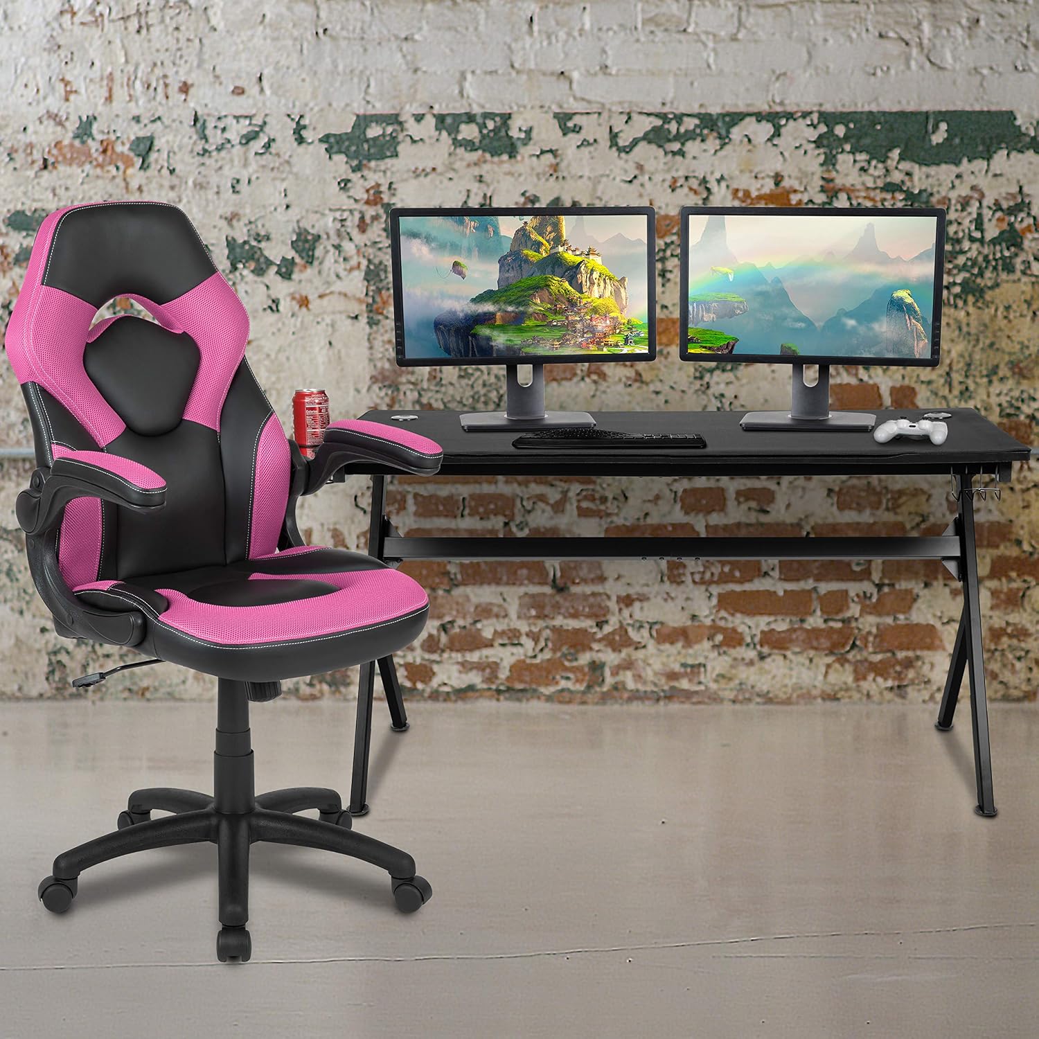 Flash Furniture Gaming Desk and Pink/Black Racing Chair Set/Cup Holder/Headphone Hook/Removable Mouse Pad Top - 2 Wire Management Holes