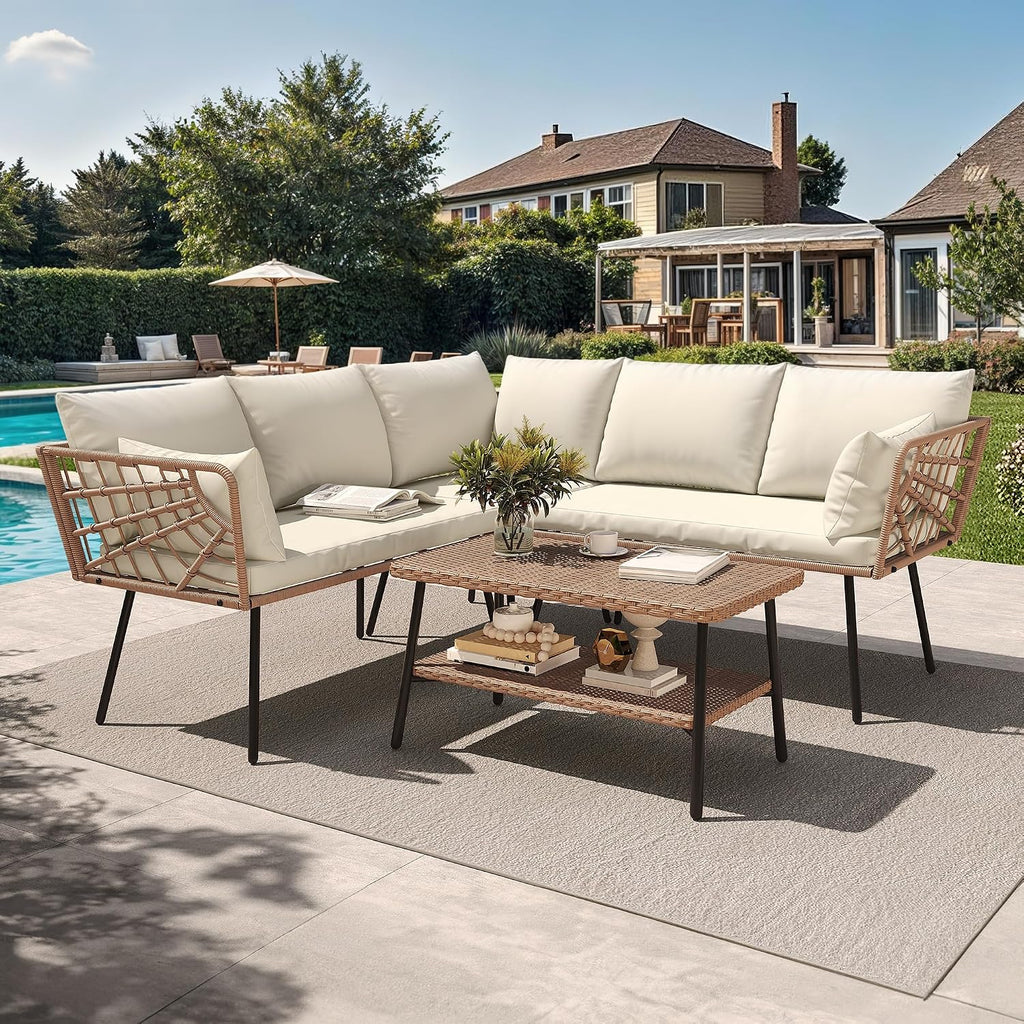 YITAHOME 4PCS Patio Furniture Set L Shape Outdoor Couch with 2-Tier Coffee Table and Thick Cushions Patio Conversation Set Rattan Sectional Sofa Boho Outdoor Furniture Set with 5 Seater for Backyard