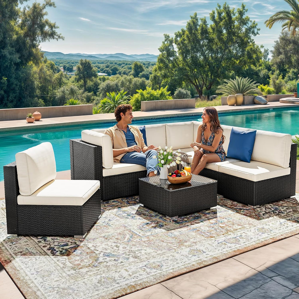 DWVO 7-Piece Patio Furniture Set, All-Weather PE Rattan Wicker Outdoor Sectional Sofa with Soft Cushions & Coffee Table, Patio Conversation Set for Backyard, Garden, Porch, Balcony (Beige+Black)
