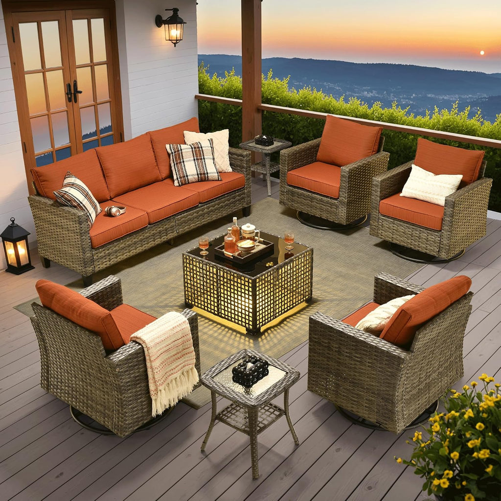 ovios 8 Pieces Patio Furniture Set with Swivel Chairs Rocking Gliders, Outdoor Sofa Couch with Solar Lights Table Comfy Cushions, Modern Deep Seat Wicker Rattan Conversation Set, Orange Red