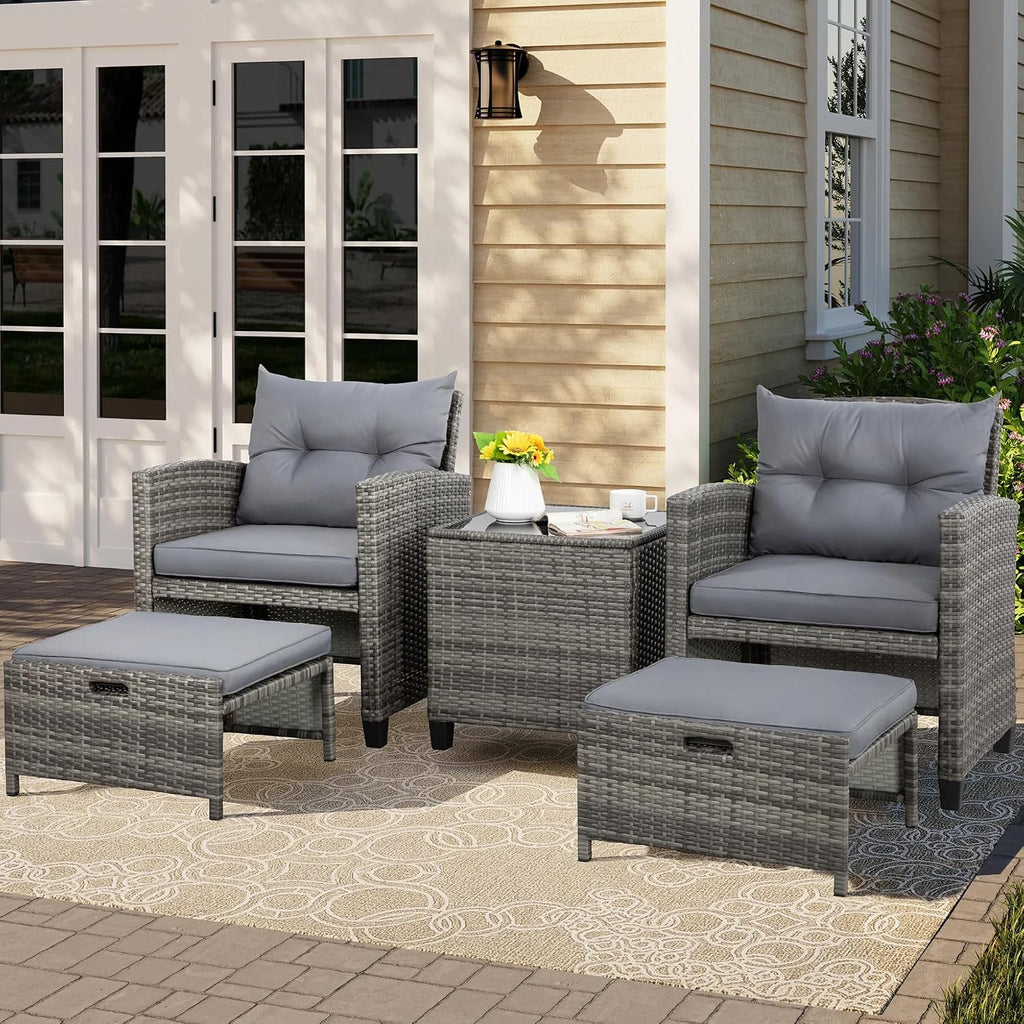 Vongrasig 5 Piece Patio Furniture Set, Small Balcony Furniture, PE Wicker Rattan Patio Chairs Set of 2, Outdoor Lounge Chairs with Cushions Ottomans &Glass Table for Porch Garden(Light Grey)