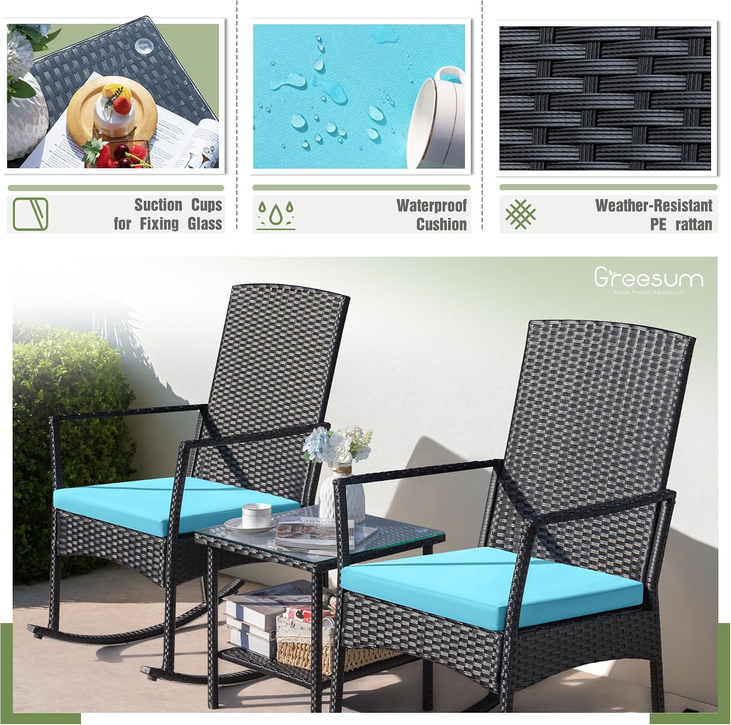 Greesum 3 Pieces Patio Furniture Set Outdoor Wicker Rocking Chairs with Glass Coffee Table for Garden Backyard Porch Poolside, Blue