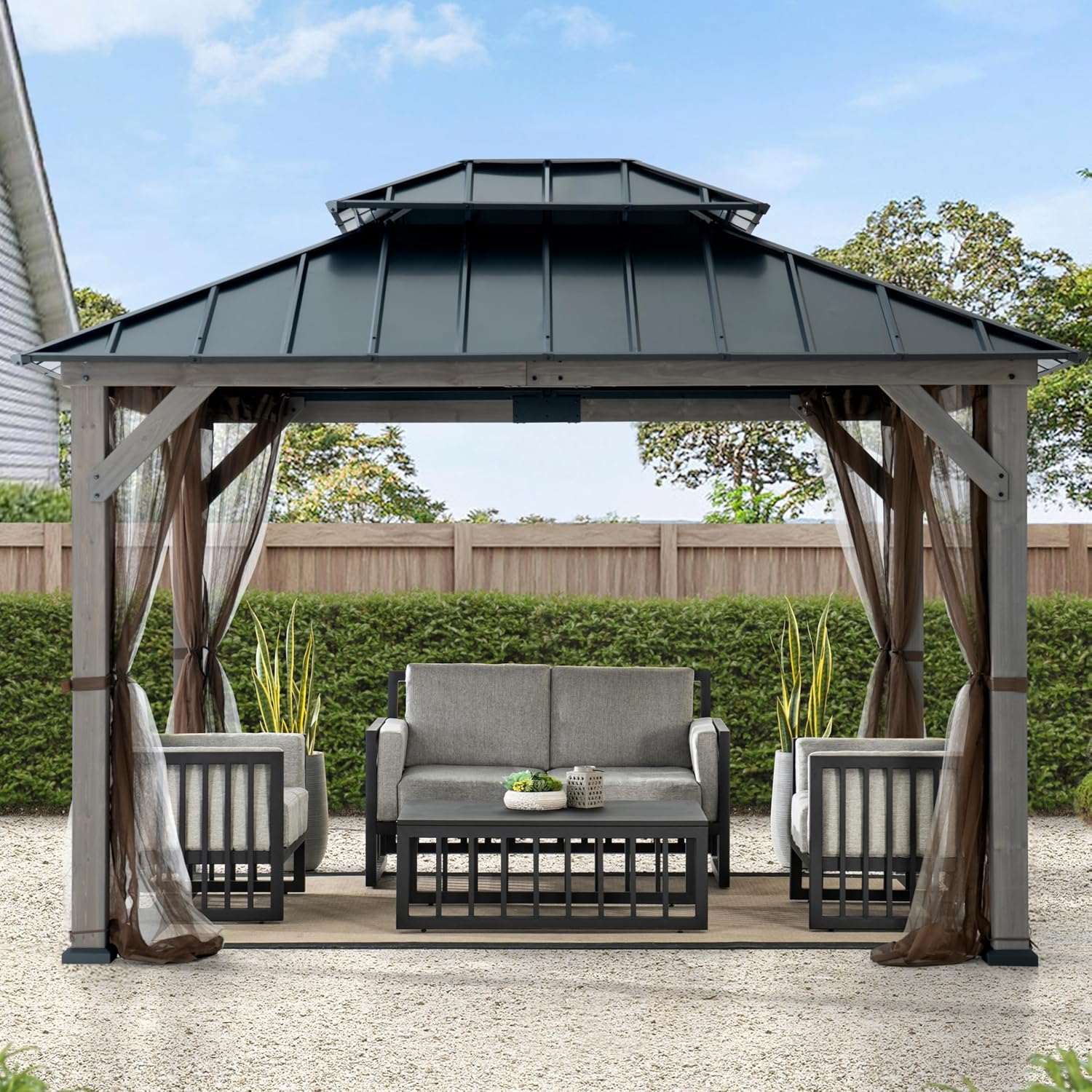 SUNJOY 10x12 Hardtop Wood Gazebo with Galvanized Steel Roof, LED String Lights & Mosquito Netting, Outdoor Permanent Pavilion Cedar Gazebo for Backyard, Garden, Patio, Deck, Lawn - Matte Black Roof