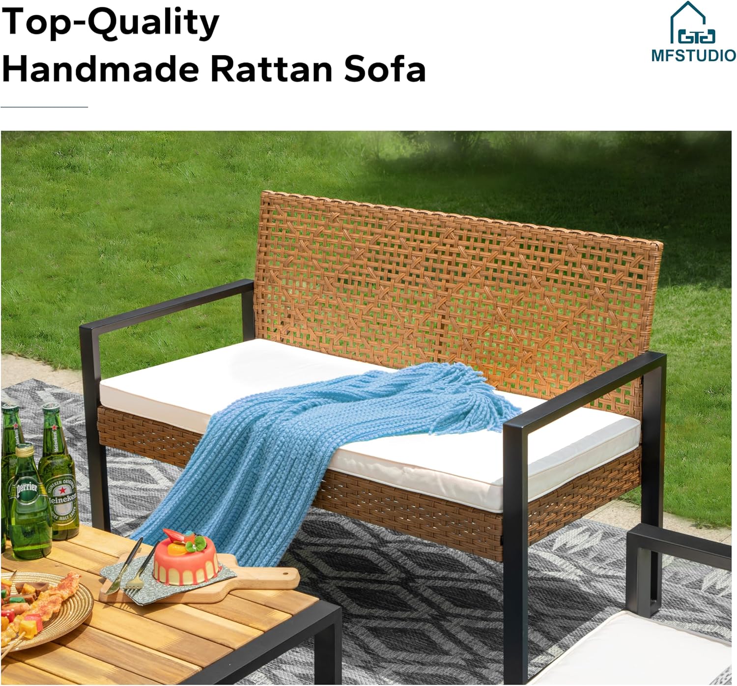 MFSTUDIO 4 Pieces Outdoor Patio Furniture Set, Outdoor Small Brown Rattan Sofa with Acacia Wood Table & Chairs, Patio Loveseat Furniture Set for 4, Beige