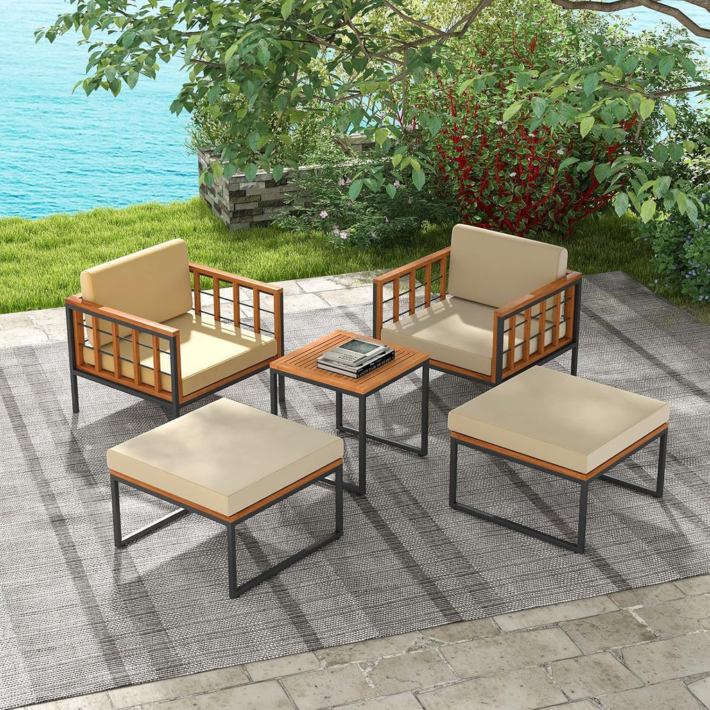 Tangkula 5 Pieces Acacia Wood Patio Furniture Set with Ottomans, Outdoor Conversation Set with Soft Cushions and Coffee Table for Poolside, Garden, Balcony and Backyard (Beige)