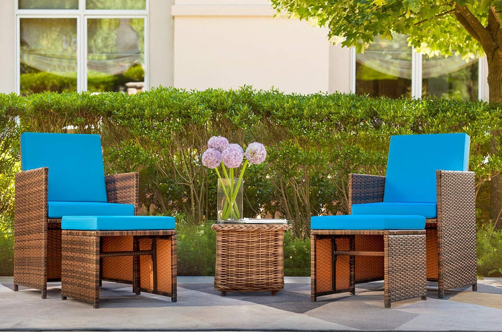 Devoko 4 Pieces Patio Wicker Furniture Set Outdoor Patio Chairs with Ottomans All Weather Cushioned Chairs Balcony Porch Furniture (Blue)