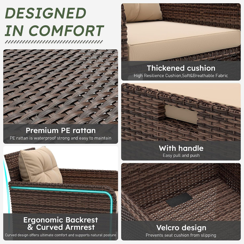 5 Pieces Patio Furniture Set, Hand-Woven Rattan Patio Conversation Set with Soft Cushions & Coffee Table, Outdoor Chairs with Hidden Ottoman for Porch, Lawn, Garden, Balcony, Brown