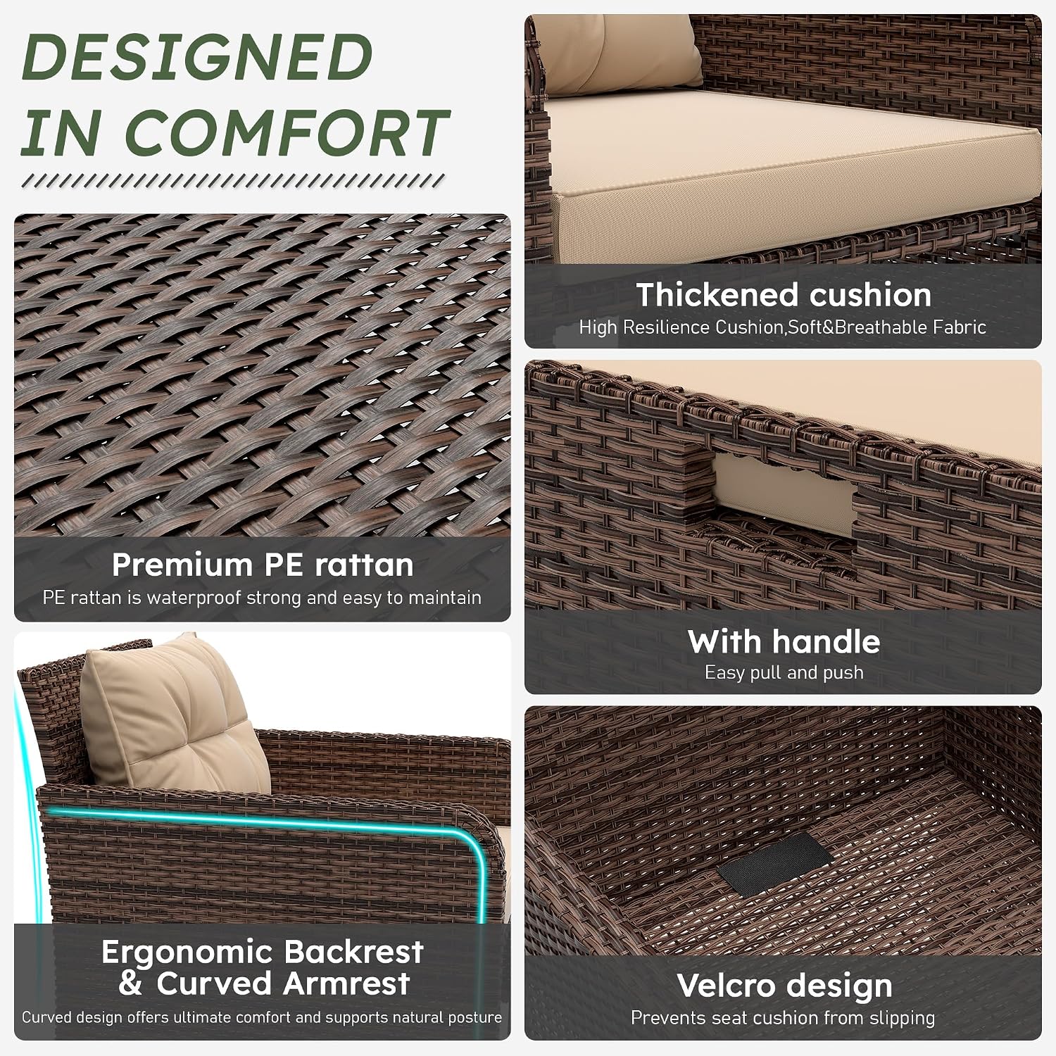 5 Pieces Patio Furniture Set, Hand-Woven Rattan Patio Conversation Set with Soft Cushions & Coffee Table, Outdoor Chairs with Hidden Ottoman for Porch, Lawn, Garden, Balcony, Brown