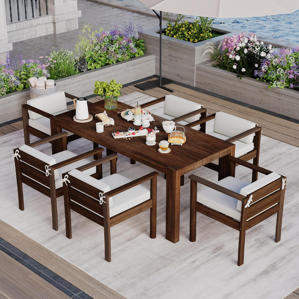 Merax 7-Piece Patio Dining Table Set,Outdoor Furniture Set with 72.8' Rectangle Table & 6 Chairs,Adjustable Leveling Feet,Umbrella Hole for Backyard,Garden,Poolside,Brown+ Beige