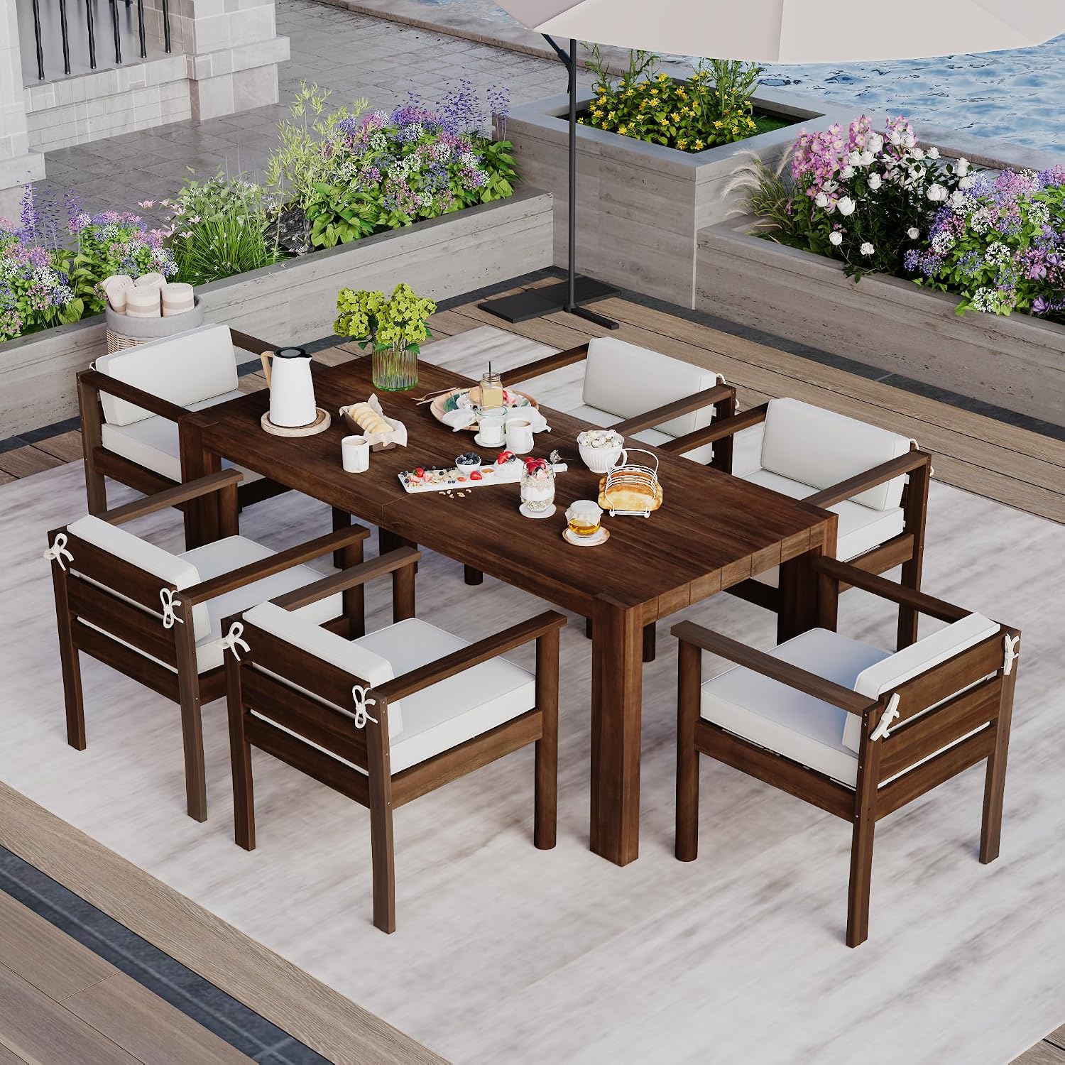 Merax 7-Piece Patio Dining Table Set,Outdoor Furniture Set with 72.8' Rectangle Table & 6 Chairs,Adjustable Leveling Feet,Umbrella Hole for Backyard,Garden,Poolside,Brown+ Beige
